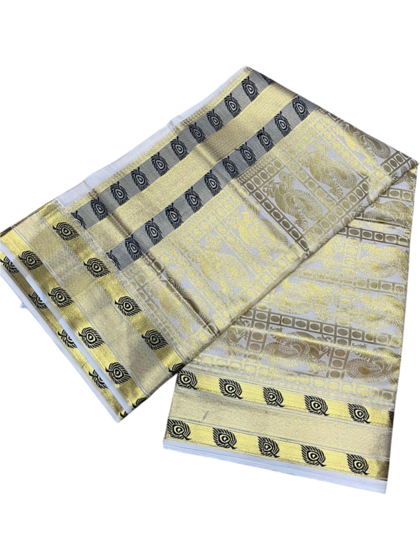 Southloom Pure Cotton Kerala Kasavu Heavy Work Saree with Peacock Feather Woven Design on Body and Borders SL490