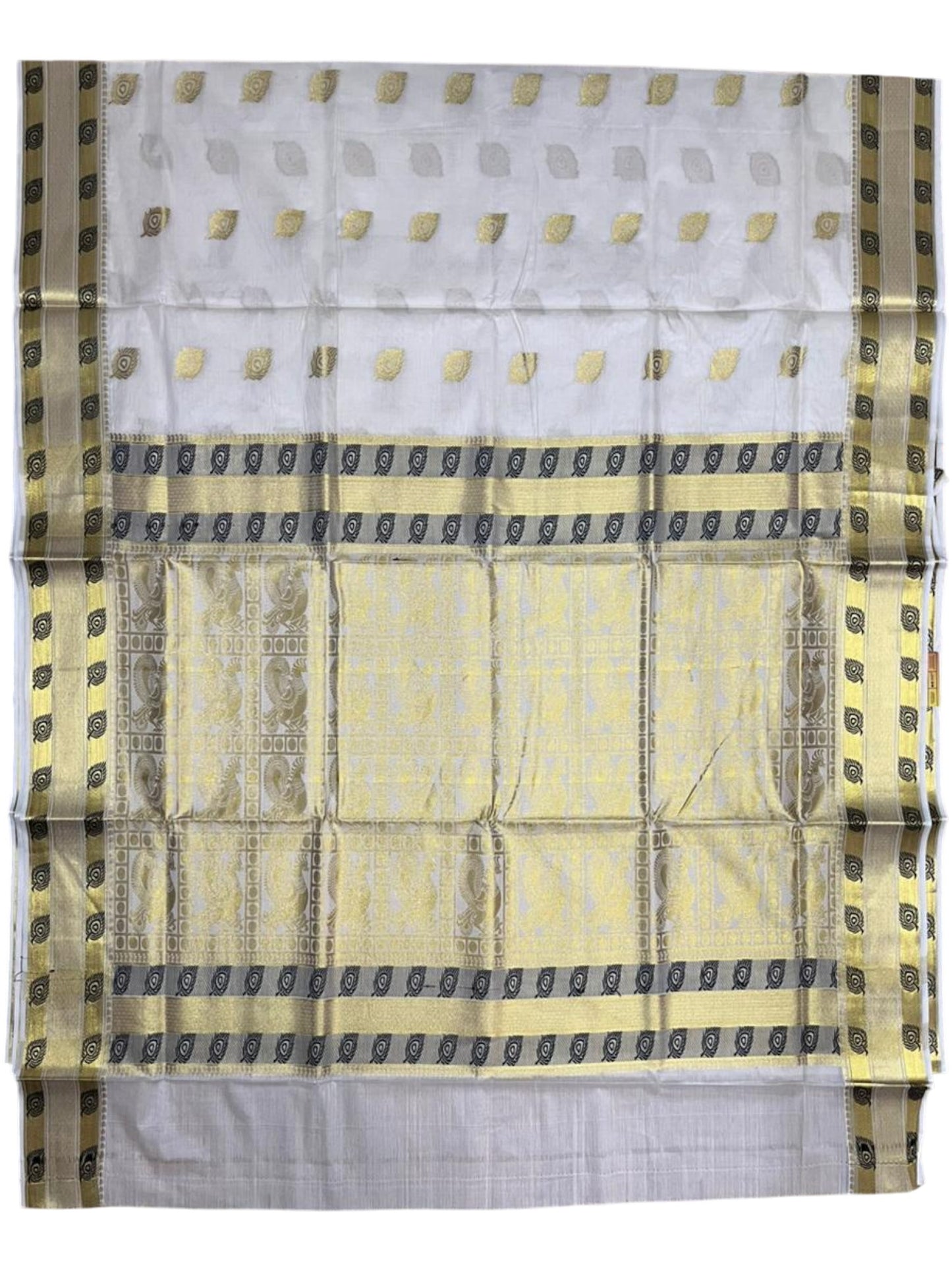 Southloom Pure Cotton Kerala Kasavu Heavy Work Saree with Peacock Feather Woven Design on Body and Borders SL490