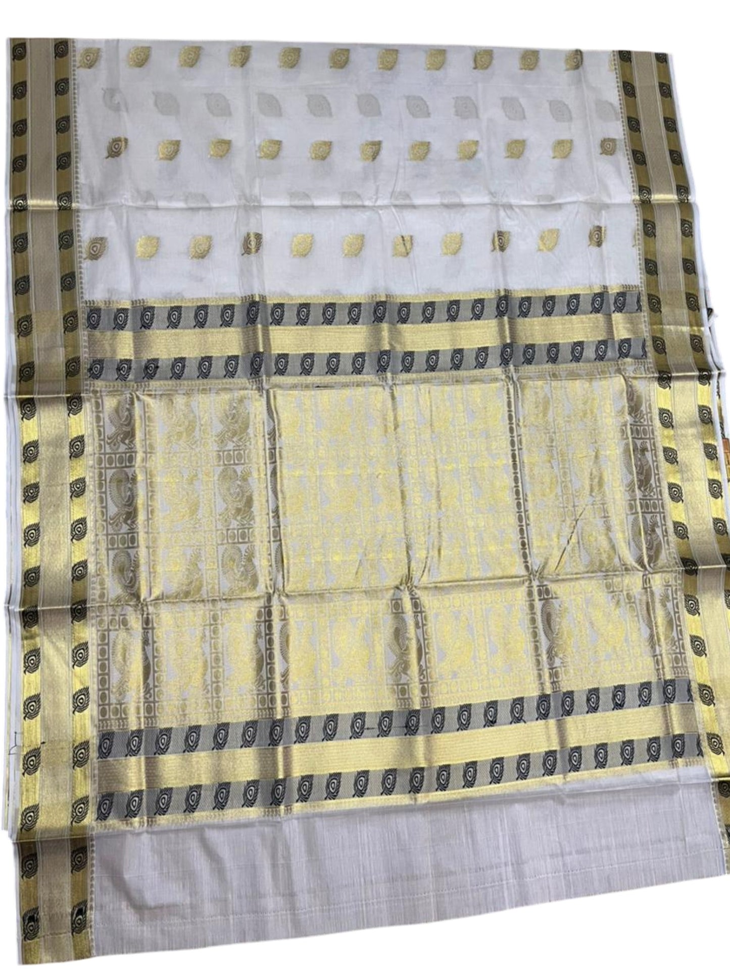 Southloom Pure Cotton Kerala Kasavu Heavy Work Saree with Peacock Feather Woven Design on Body and Borders SL490
