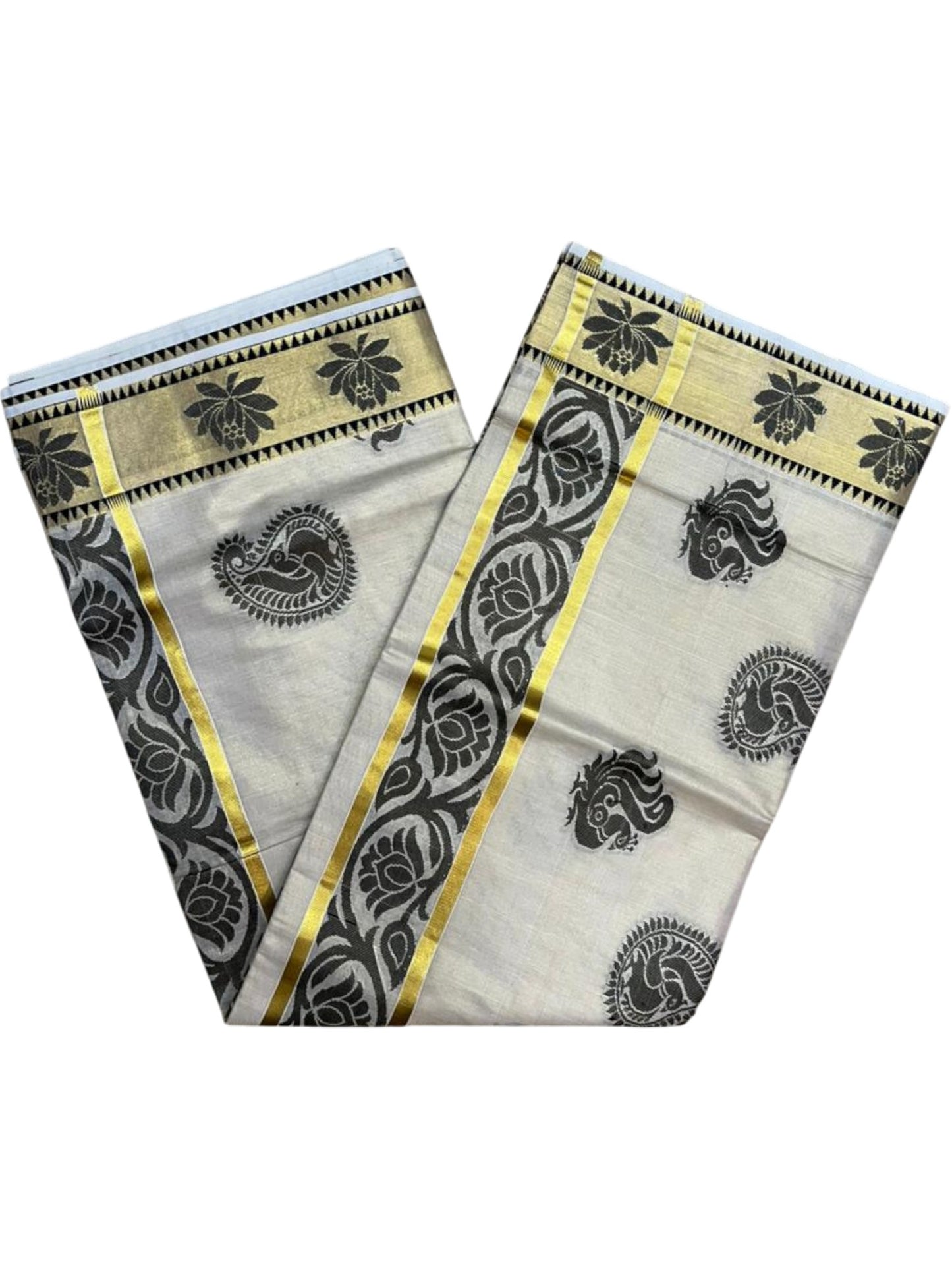 Southloom Kerala Tissue Kasavu Heavy Work Saree with Peacock and Paisley Woven Design on Body and with Temple Border SL490