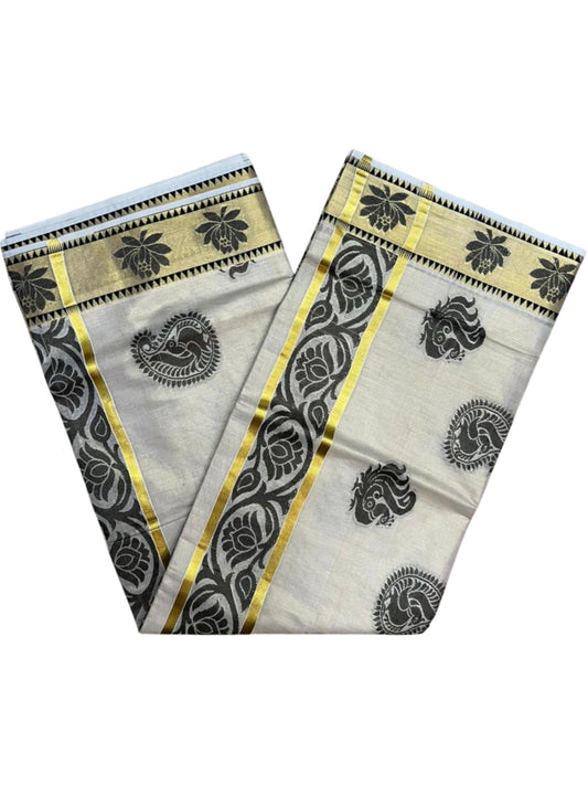 Southloom Kerala Tissue Kasavu Heavy Work Saree with Peacock and Paisley Woven Design on Body and with Temple Border SL490