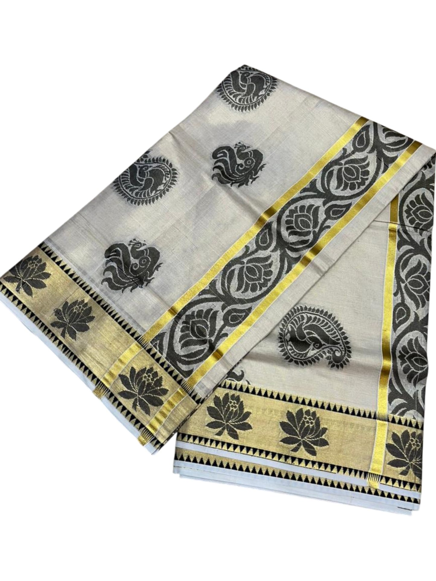 Southloom Kerala Tissue Kasavu Heavy Work Saree with Peacock and Paisley Woven Design on Body and with Temple Border SL490