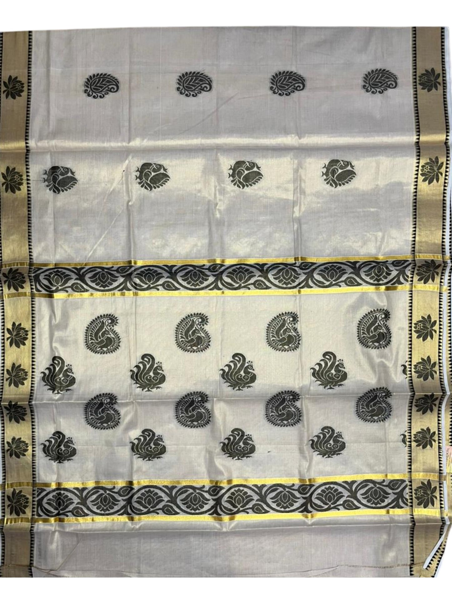 Southloom Kerala Tissue Kasavu Heavy Work Saree with Peacock and Paisley Woven Design on Body and with Temple Border SL490
