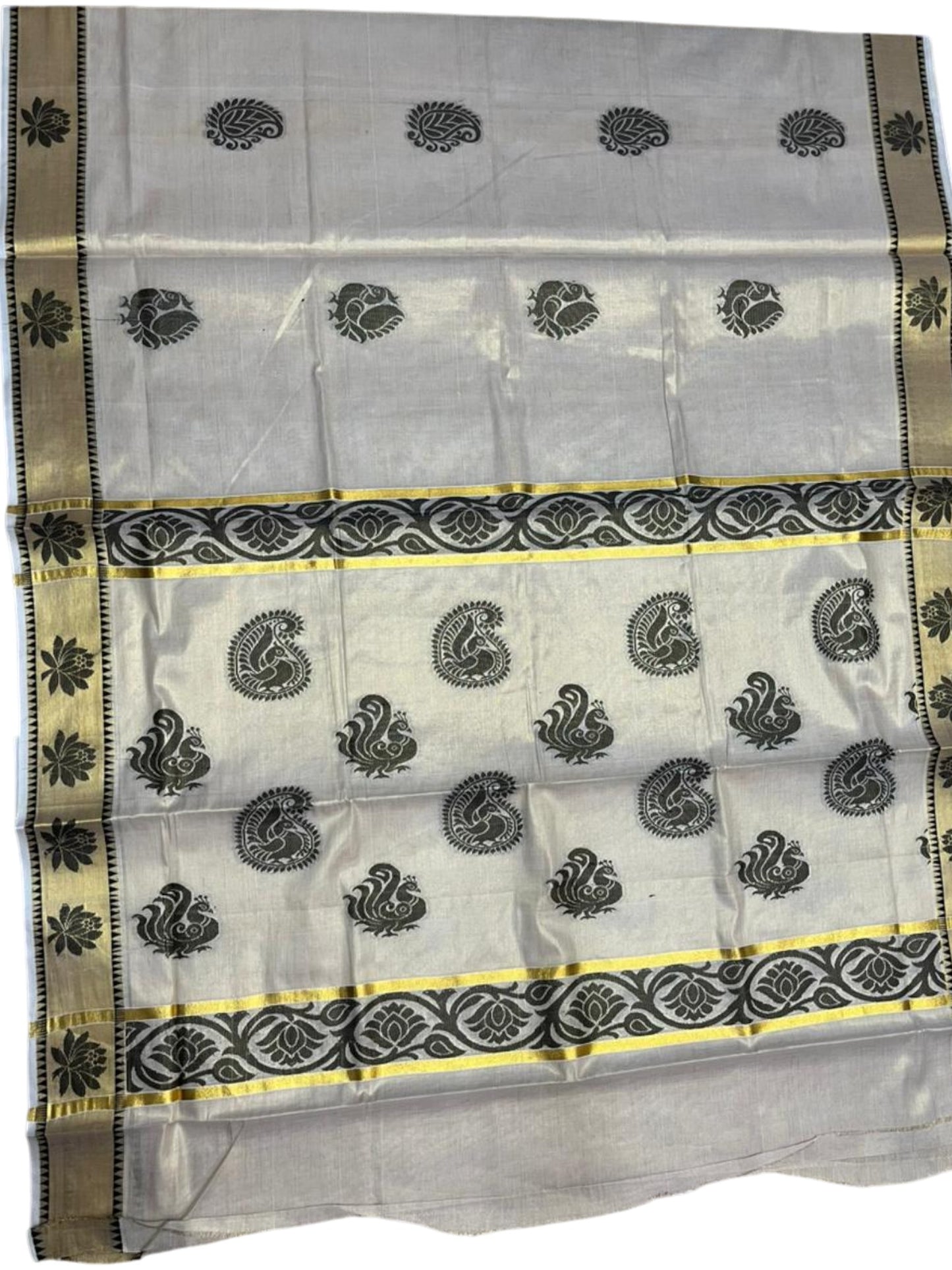 Southloom Kerala Tissue Kasavu Heavy Work Saree with Peacock and Paisley Woven Design on Body and with Temple Border SL490