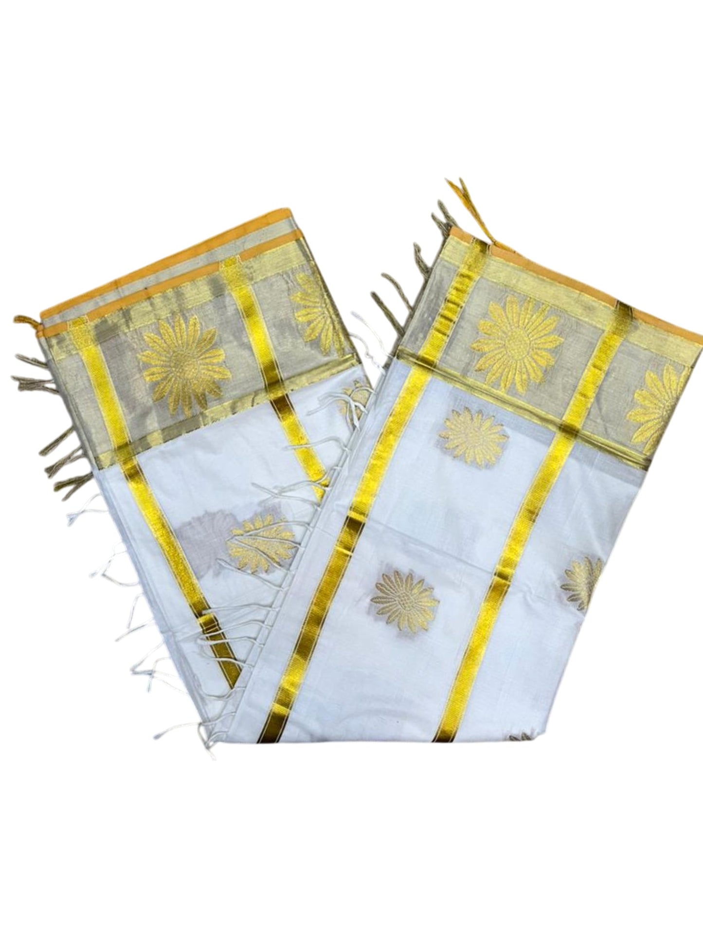 Southloom Pure Cotton Kerala Kasavu Heavy Work Replica Saree with Floral Woven Design on Body and Temple Border SL479