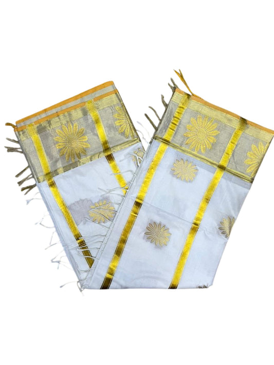 Southloom Pure Cotton Kerala Kasavu Heavy Work Replica Saree with Floral Woven Design on Body and Temple Border SL479