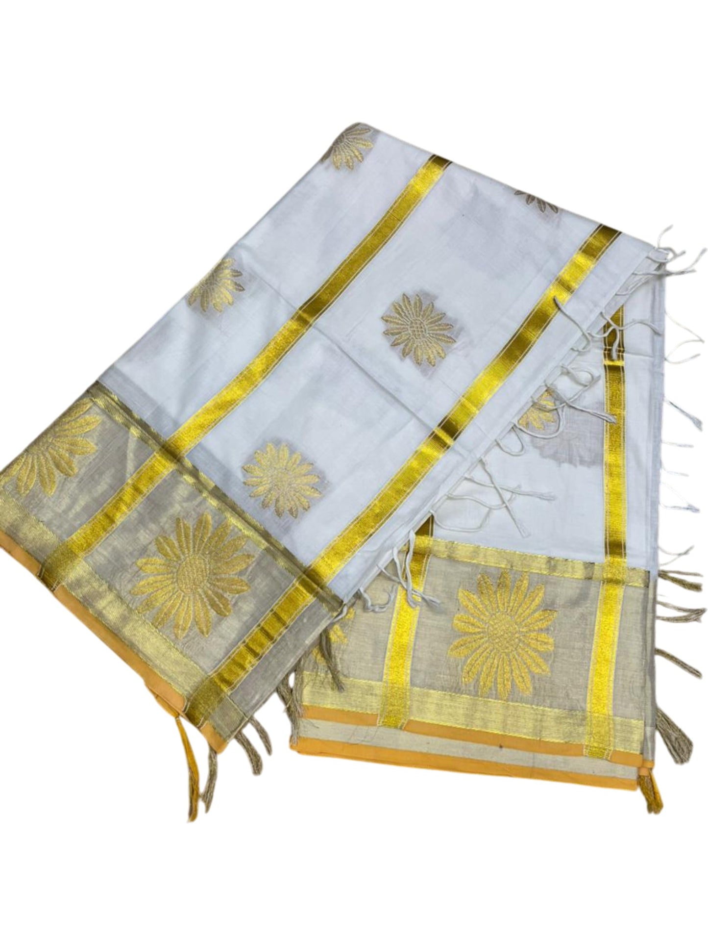 Southloom Pure Cotton Kerala Kasavu Heavy Work Replica Saree with Floral Woven Design on Body and Temple Border SL479