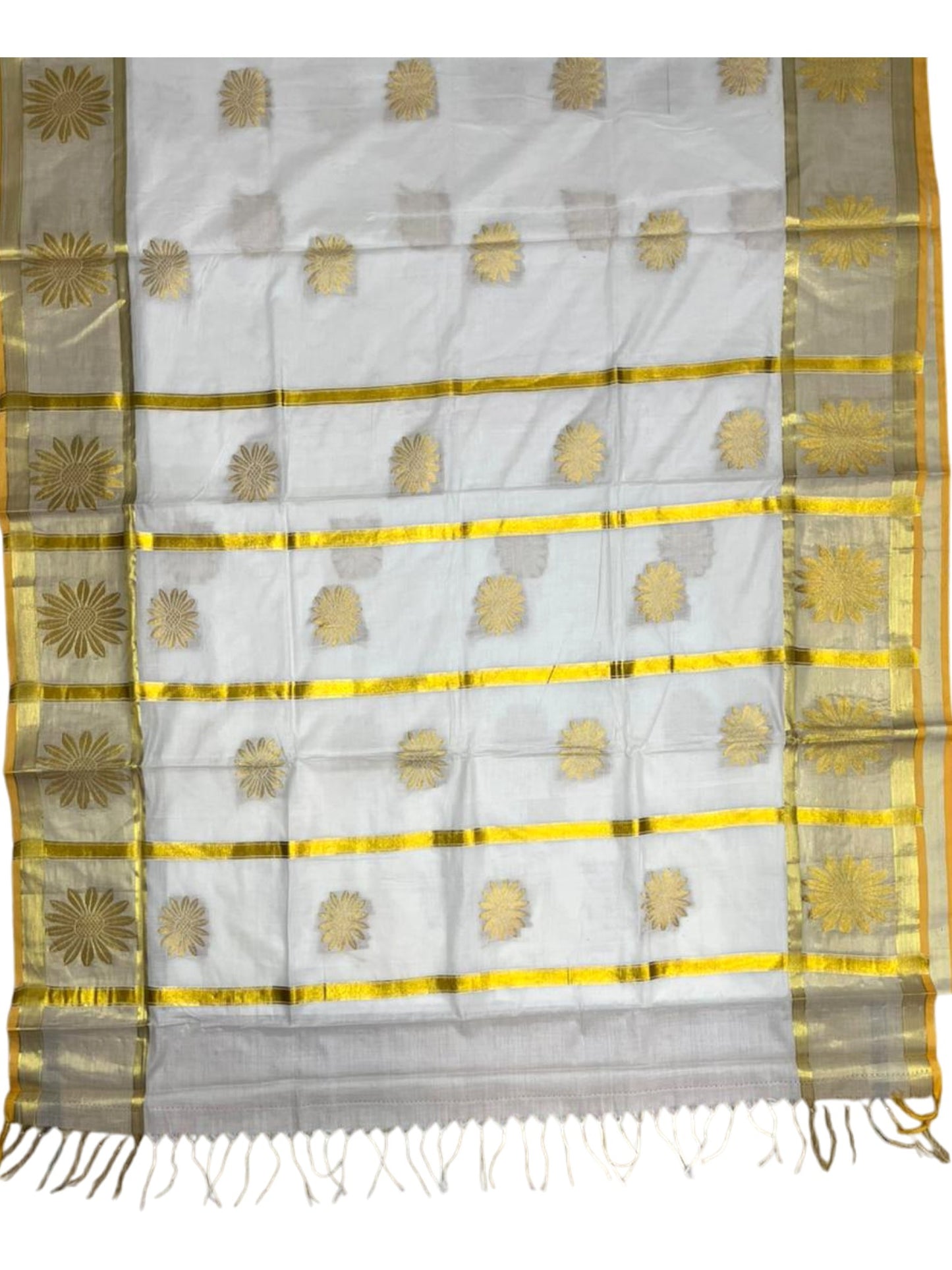 Southloom Pure Cotton Kerala Kasavu Heavy Work Replica Saree with Floral Woven Design on Body and Temple Border SL479