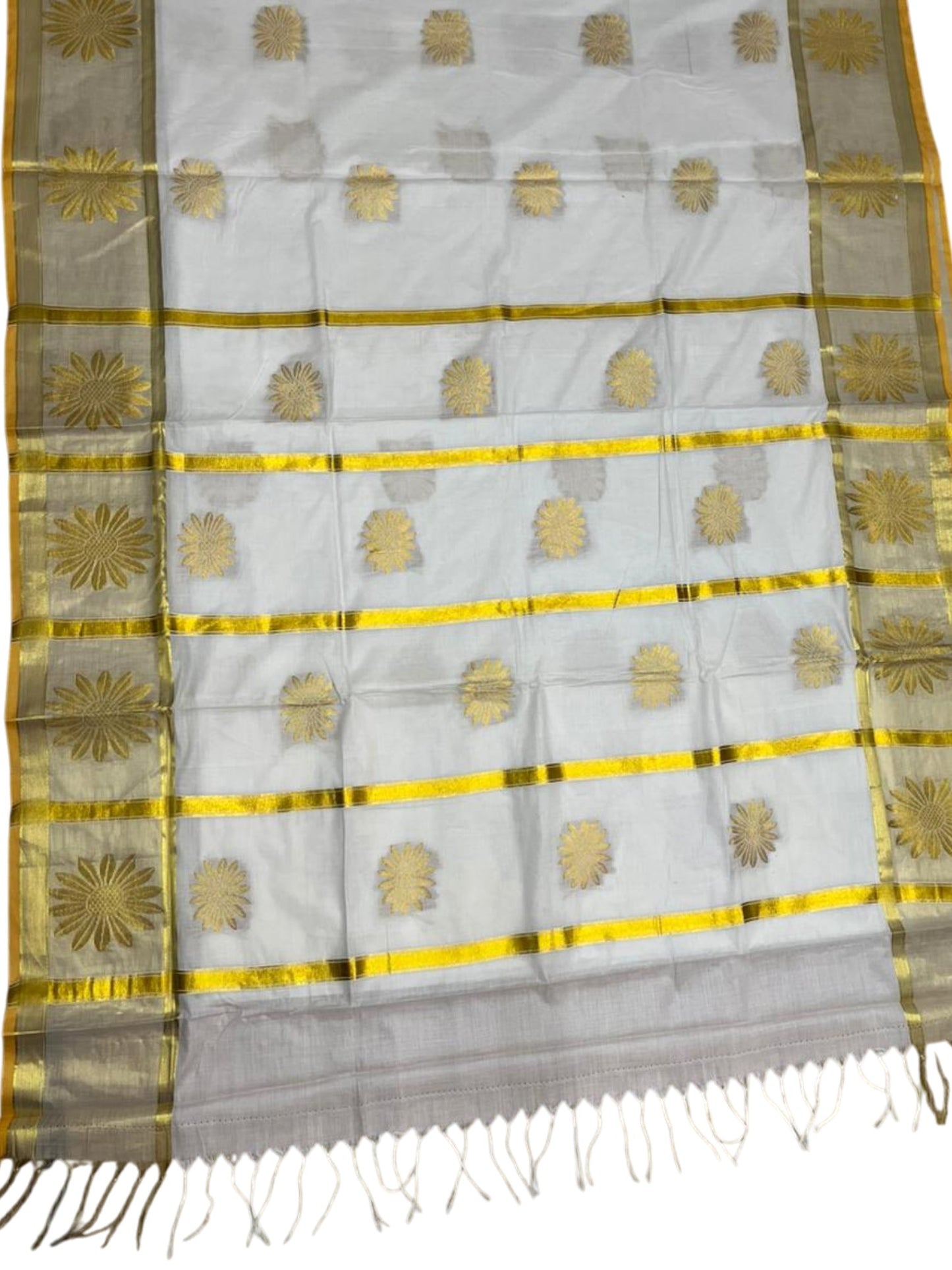 Southloom Pure Cotton Kerala Kasavu Heavy Work Replica Saree with Floral Woven Design on Body and Temple Border SL479