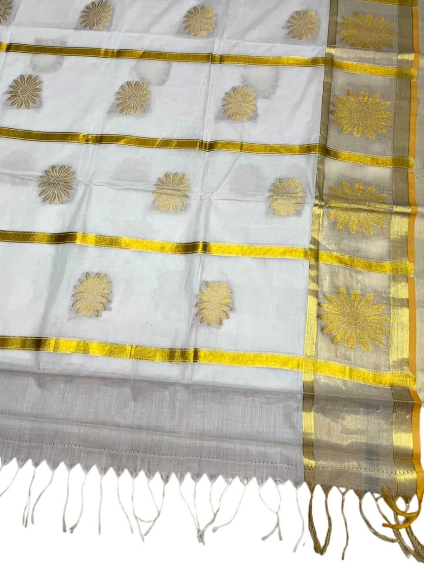 Southloom Pure Cotton Kerala Kasavu Heavy Work Replica Saree with Floral Woven Design on Body and Temple Border SL479
