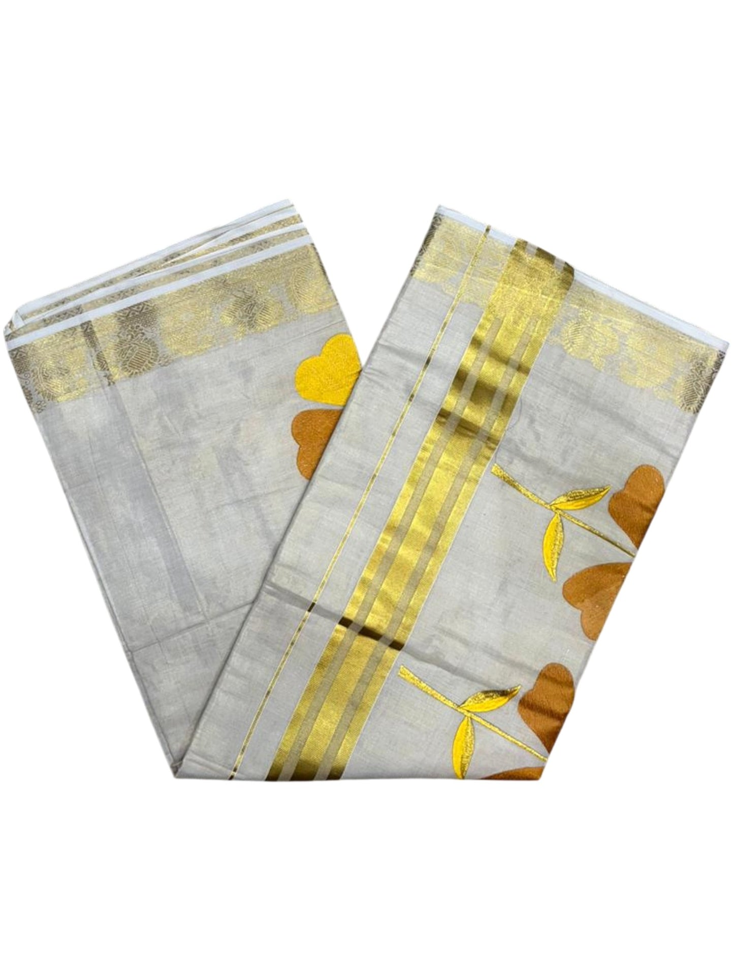 Southloom Kerala Tissue Kasavu Saree with Grey Floral Embroidery Work on Body and Peacock Woven Design on Border SL491