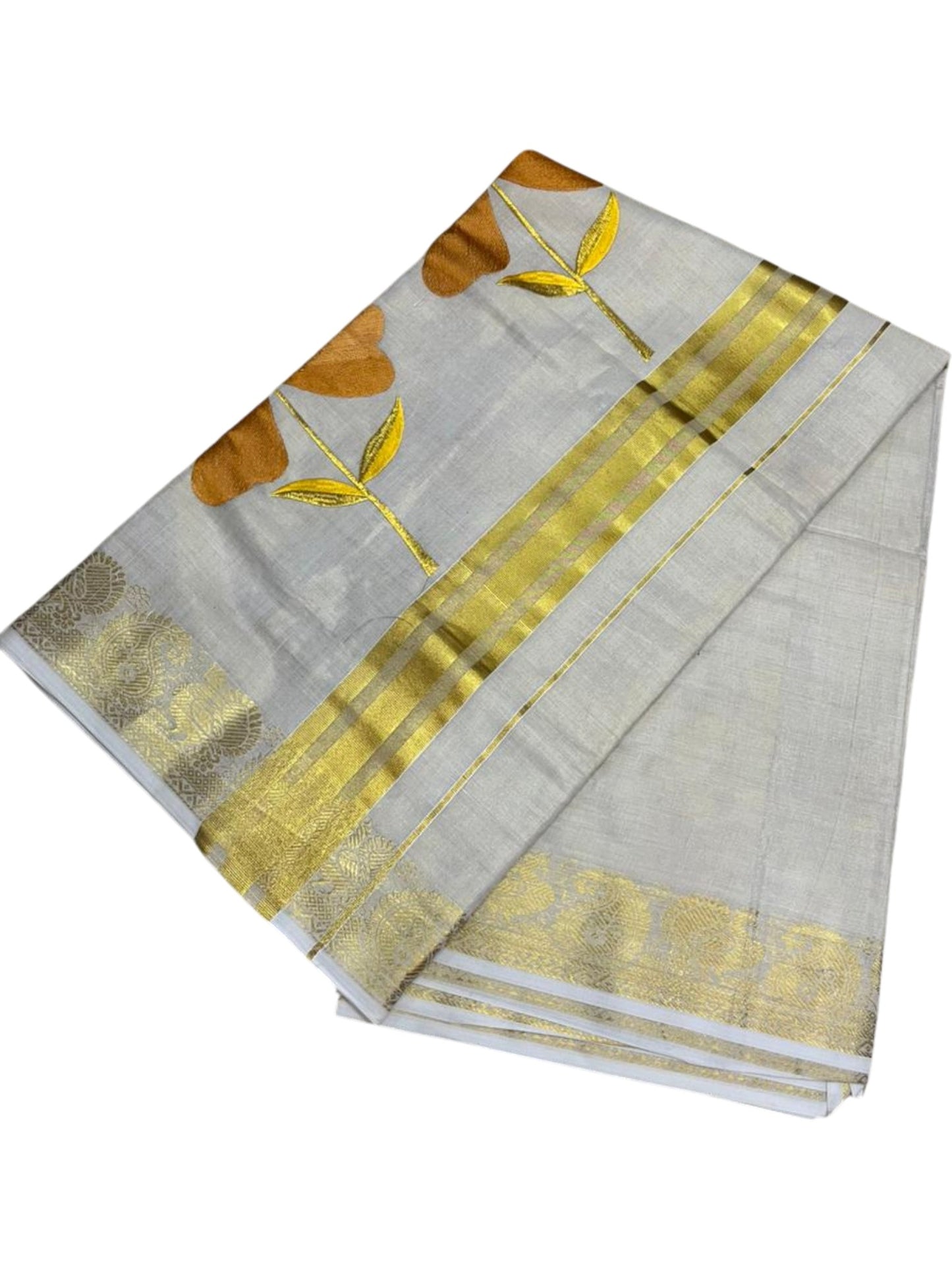 Southloom Kerala Tissue Kasavu Saree with Grey Floral Embroidery Work on Body and Peacock Woven Design on Border SL491