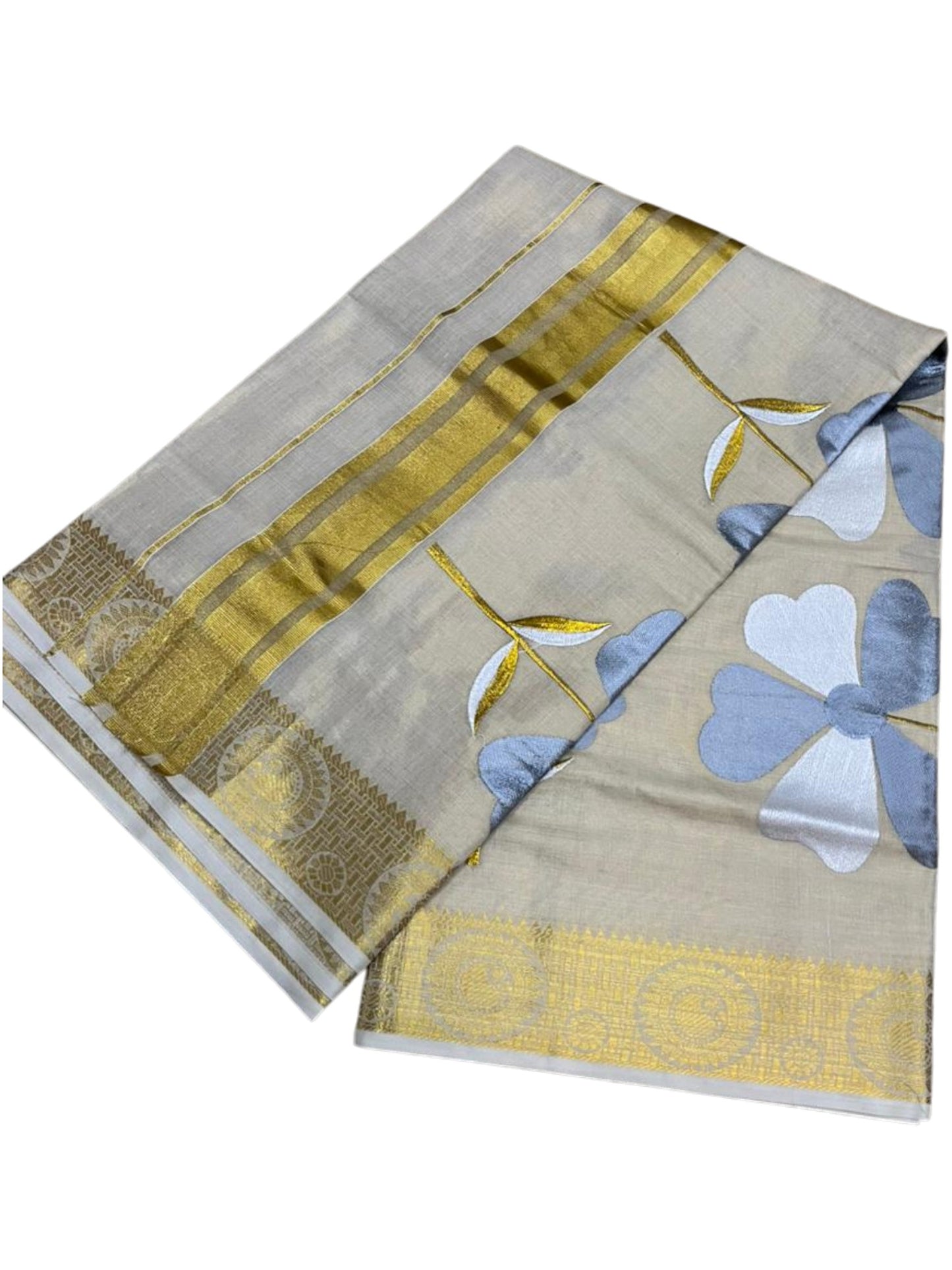 Southloom Kerala Tissue Kasavu Saree with Grey Floral Embroidery Work on Body and Peacock Woven Design on Border SL491