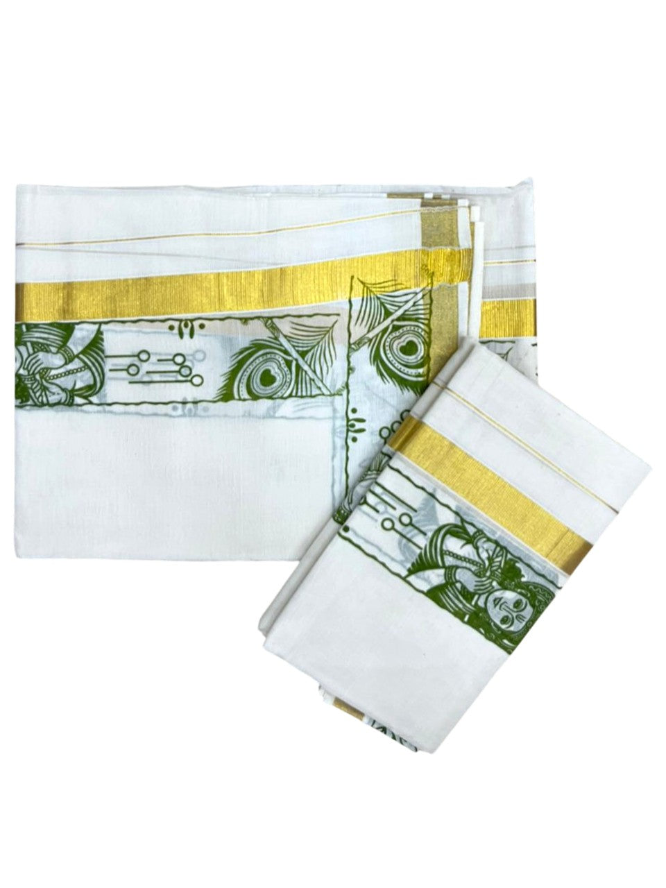 Southloom Kerala Cotton Single Set Mundu (Mundum Neriyathum) with Mural Digital Print And Gold Kasavu Border In Olive Green 2.80 mtr SL486
