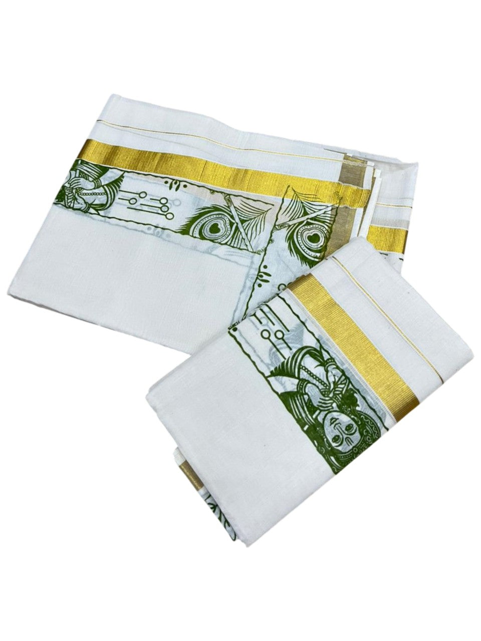 Southloom Kerala Cotton Single Set Mundu (Mundum Neriyathum) with Mural Digital Print And Gold Kasavu Border In Olive Green 2.80 mtr SL486