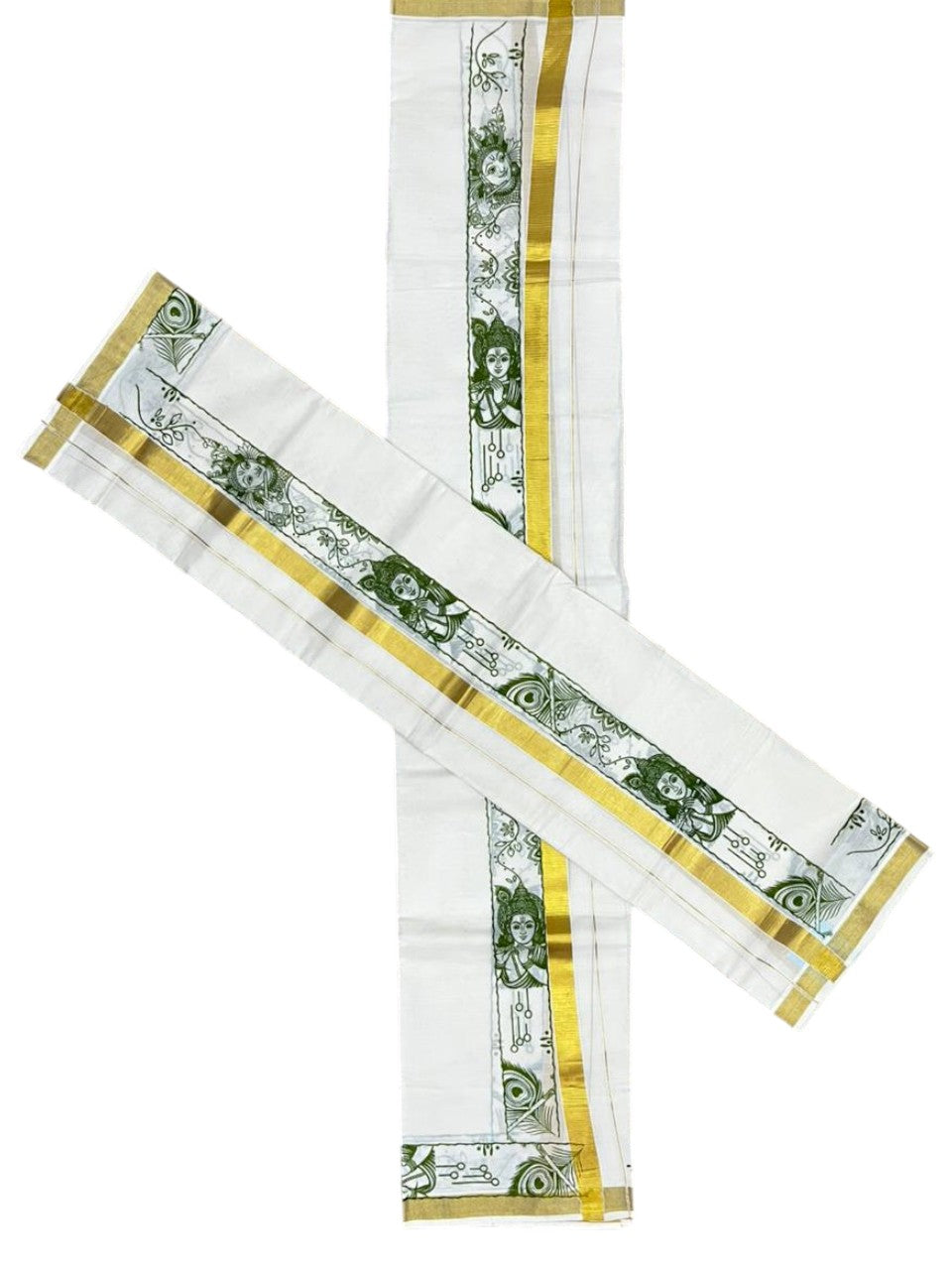 Southloom Kerala Cotton Single Set Mundu (Mundum Neriyathum) with Mural Digital Print And Gold Kasavu Border In Olive Green 2.80 mtr SL486