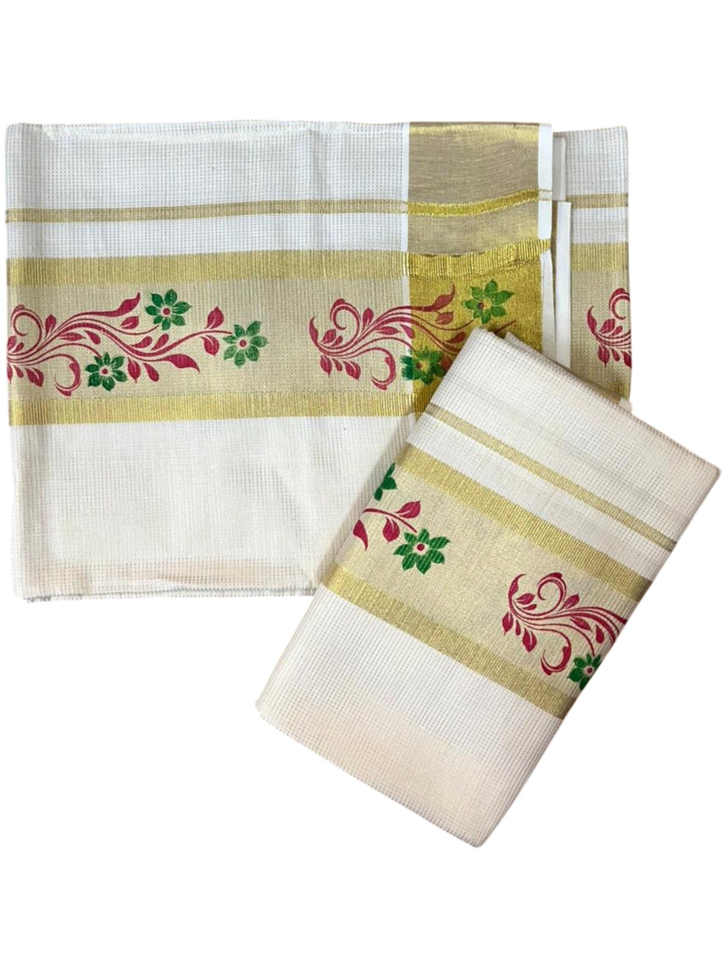 Southloom Pure Cotton Set Mundu with Gold Kasavu and Micro Stripes Across Body with Floral Print in Magenta and Green 2.80 Mtrs SL405