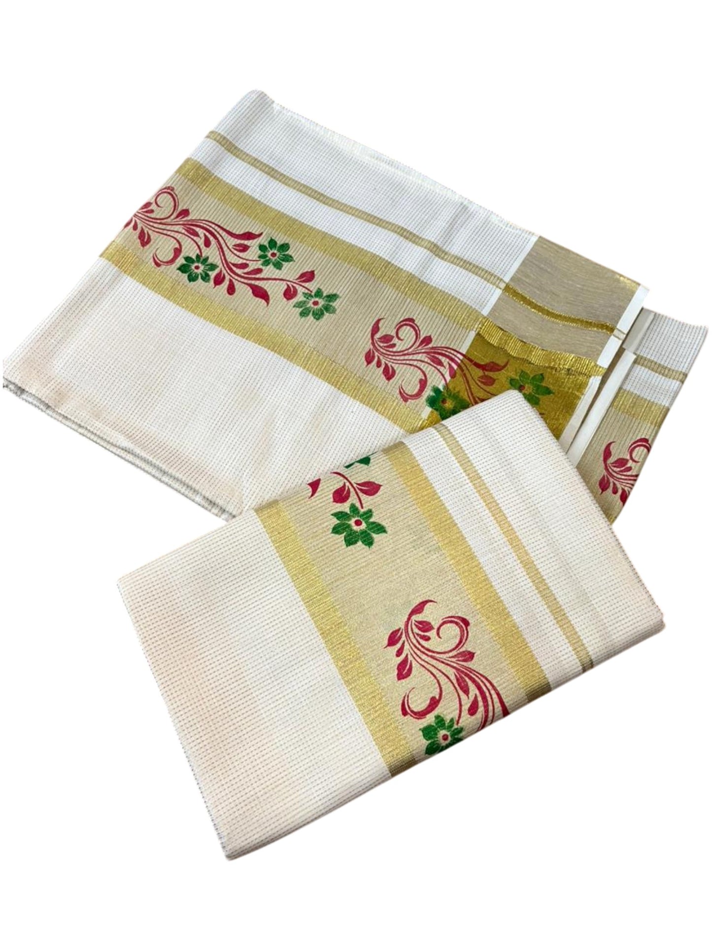 Southloom Pure Cotton Set Mundu with Gold Kasavu and Micro Stripes Across Body with Floral Print in Magenta and Green 2.80 Mtrs SL405