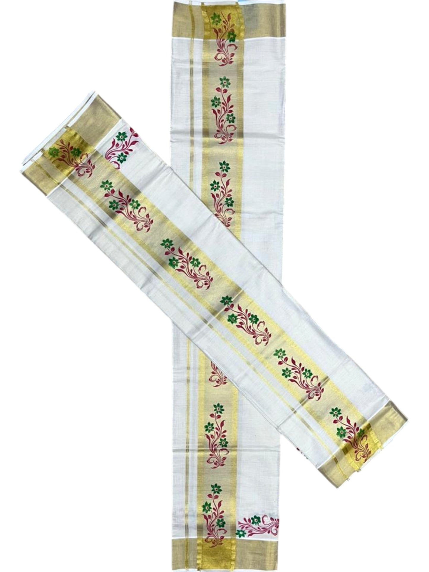 Southloom Pure Cotton Set Mundu with Gold Kasavu and Micro Stripes Across Body with Floral Print in Magenta and Green 2.80 Mtrs SL405