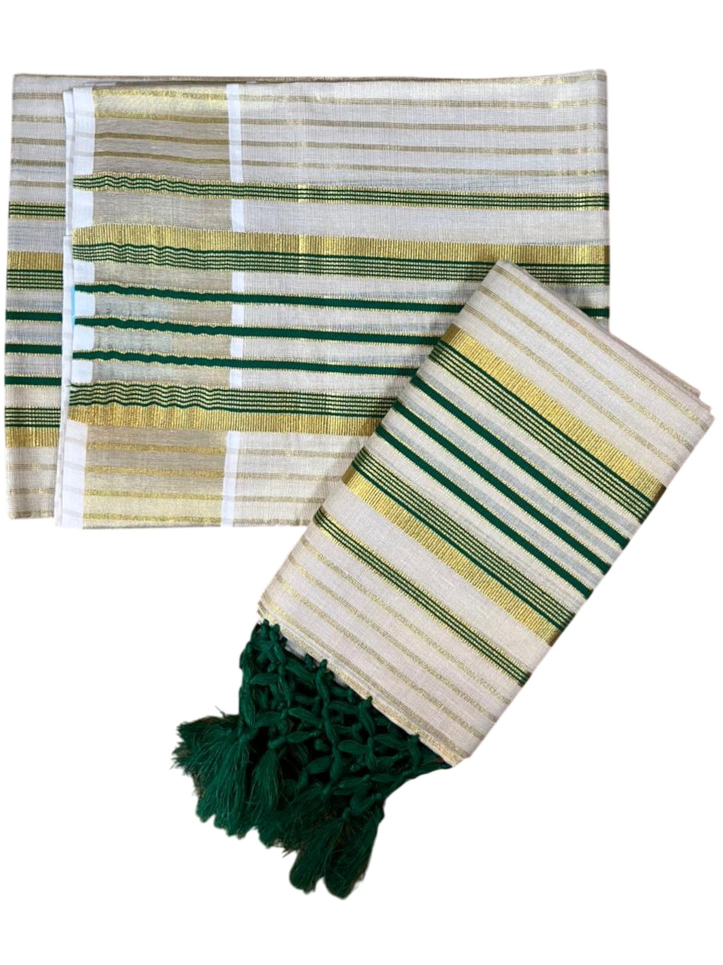Southloom Tissue Set Mundu with Gold Kasavu and Stripes on Body in Green 2.80 Mtrs SL493