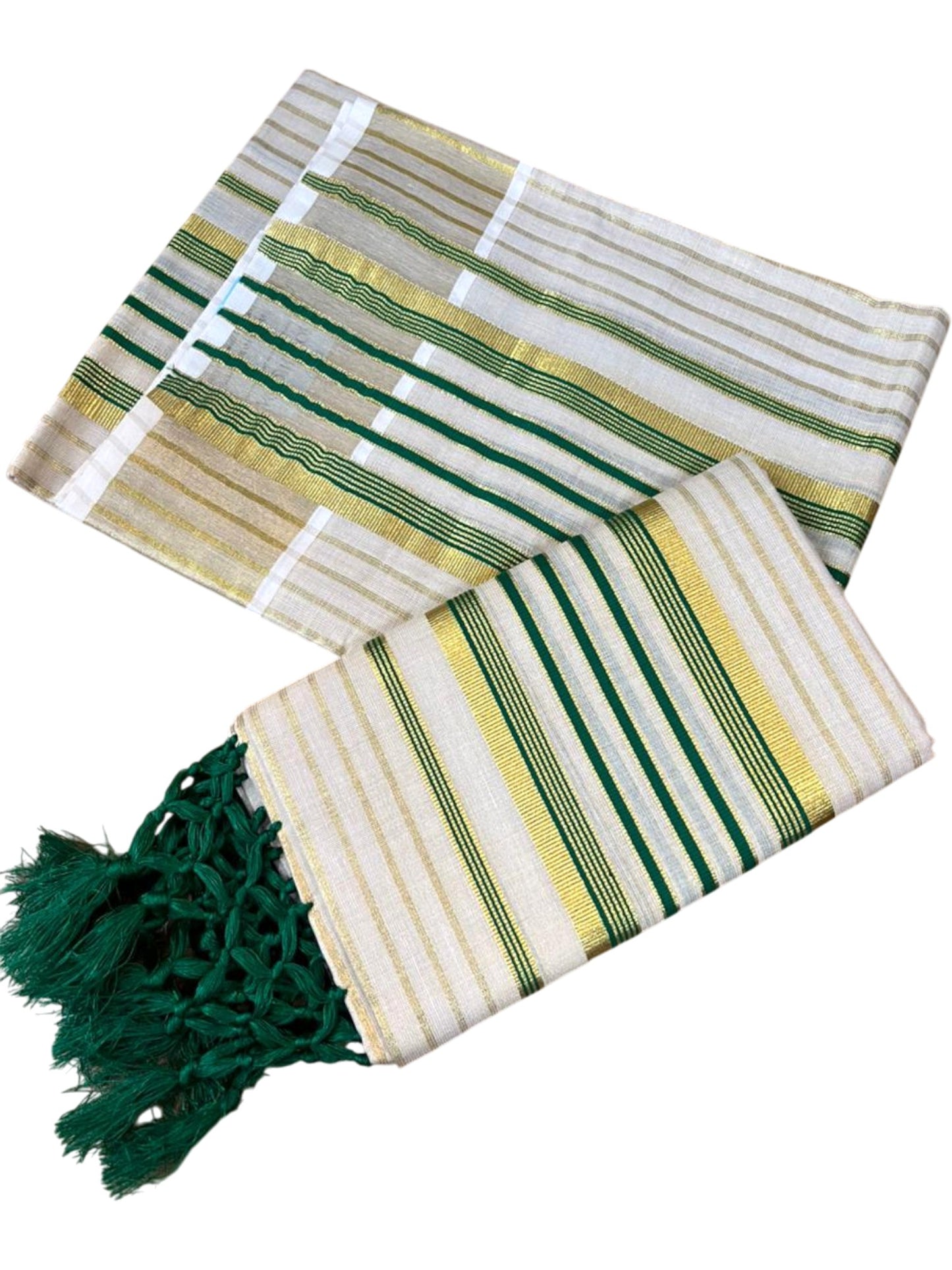 Southloom Tissue Set Mundu with Gold Kasavu and Stripes on Body in Green 2.80 Mtrs SL493