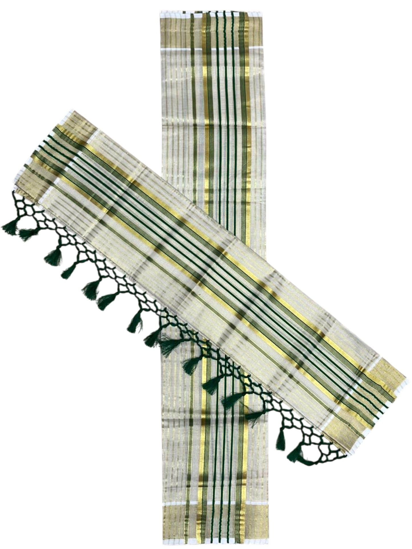 Southloom Tissue Set Mundu with Gold Kasavu and Stripes on Body in Green 2.80 Mtrs SL493