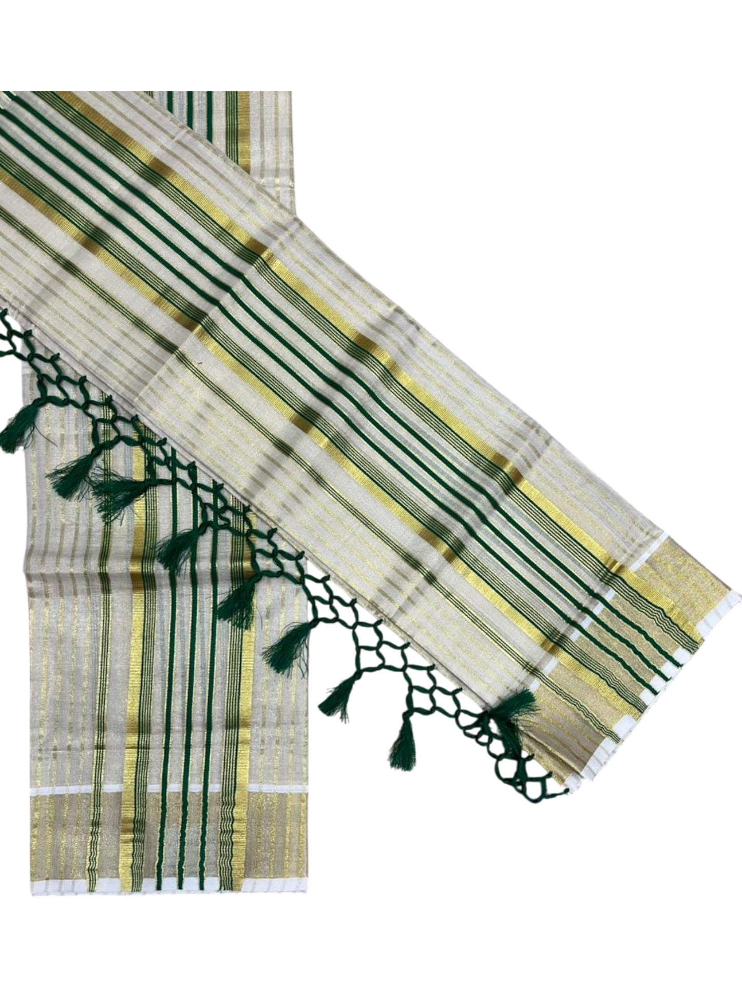 Southloom Tissue Set Mundu with Gold Kasavu and Stripes on Body in Green 2.80 Mtrs SL493