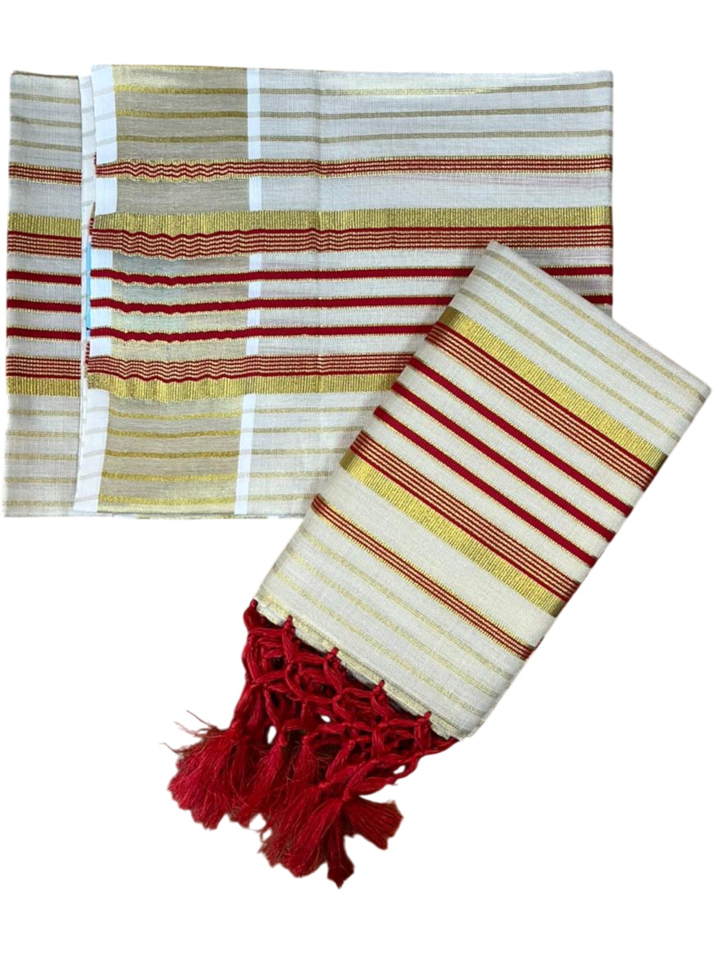 Southloom Tissue Set Mundu with Gold Kasavu and Stripes on Body in Red 2.80 Mtrs SL493