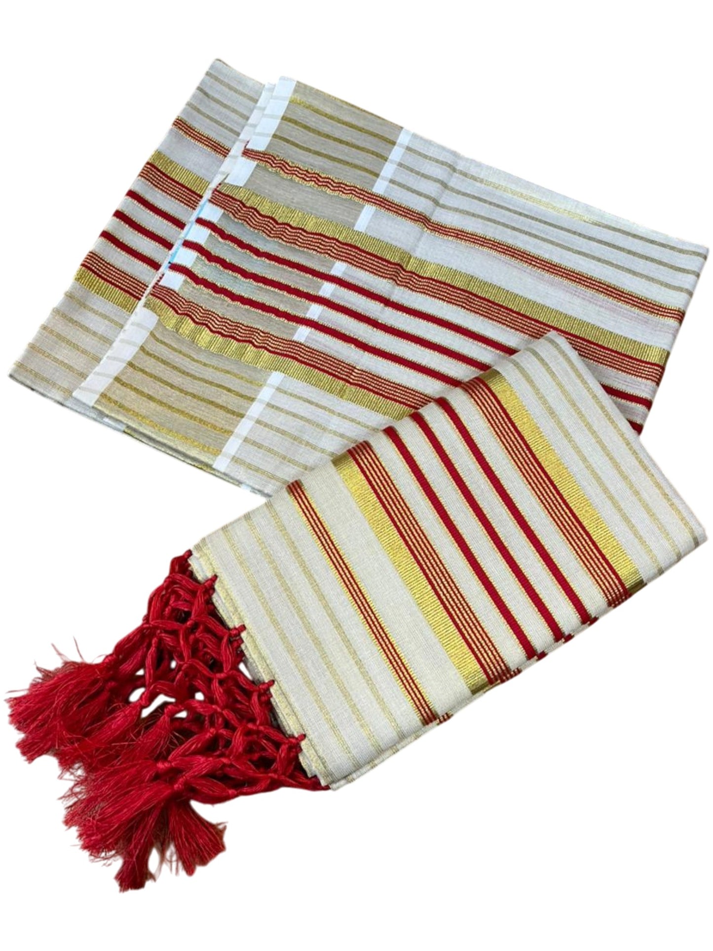 Southloom Tissue Set Mundu with Gold Kasavu and Stripes on Body in Red 2.80 Mtrs SL493