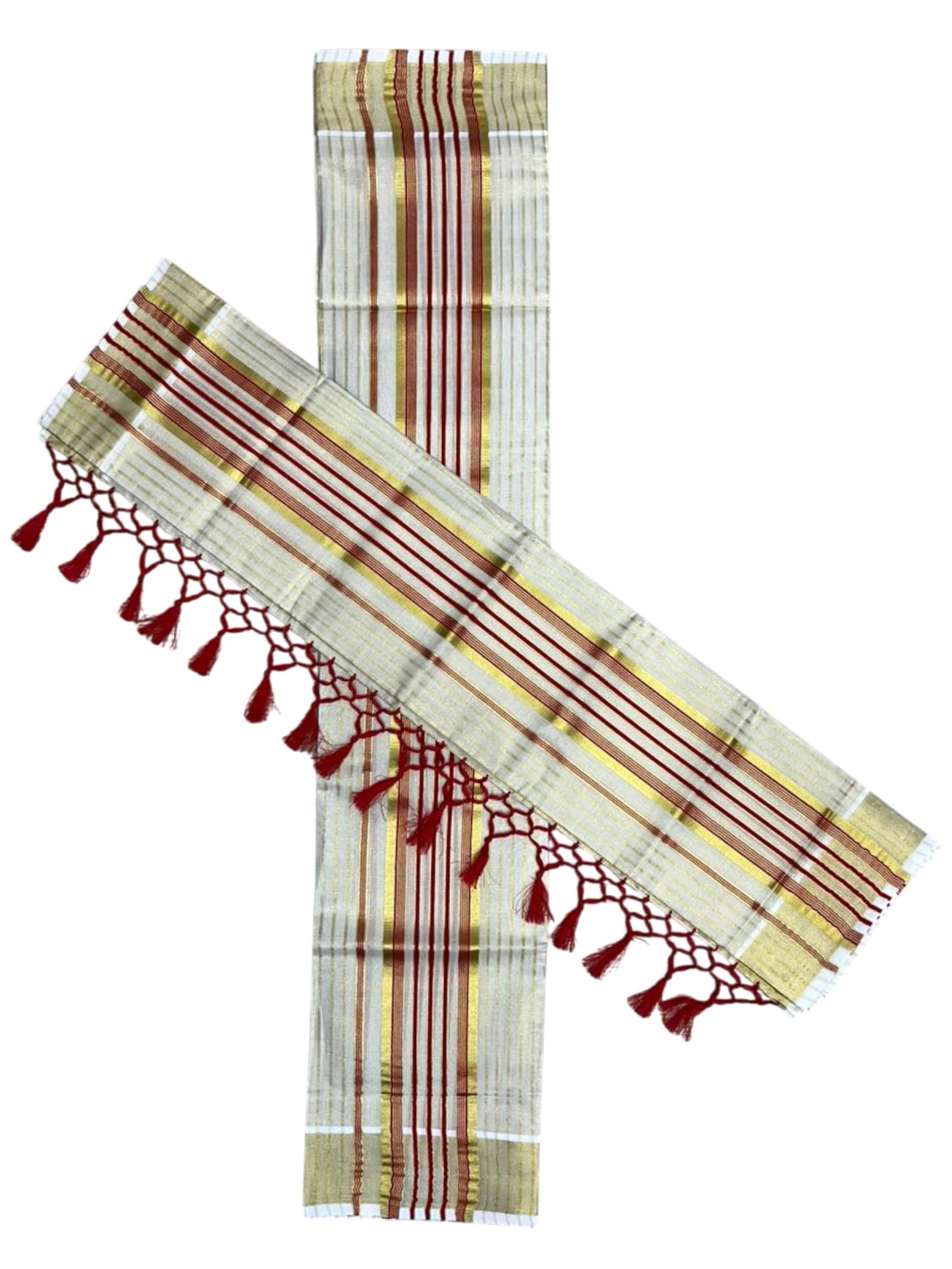 Southloom Tissue Set Mundu with Gold Kasavu and Stripes on Body in Red 2.80 Mtrs SL493