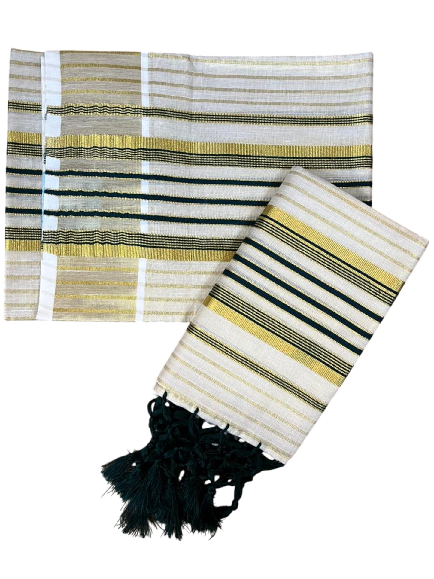 Southloom Tissue Set Mundu with Gold Kasavu and Stripes on Body in Dark Green 2.80 Mtrs SL493