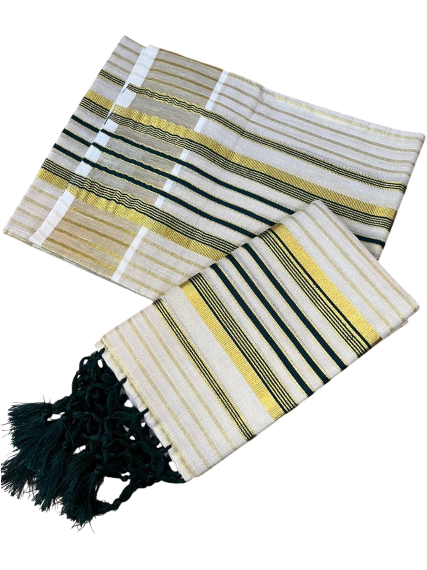 Southloom Tissue Set Mundu with Gold Kasavu and Stripes on Body in Dark Green 2.80 Mtrs SL493