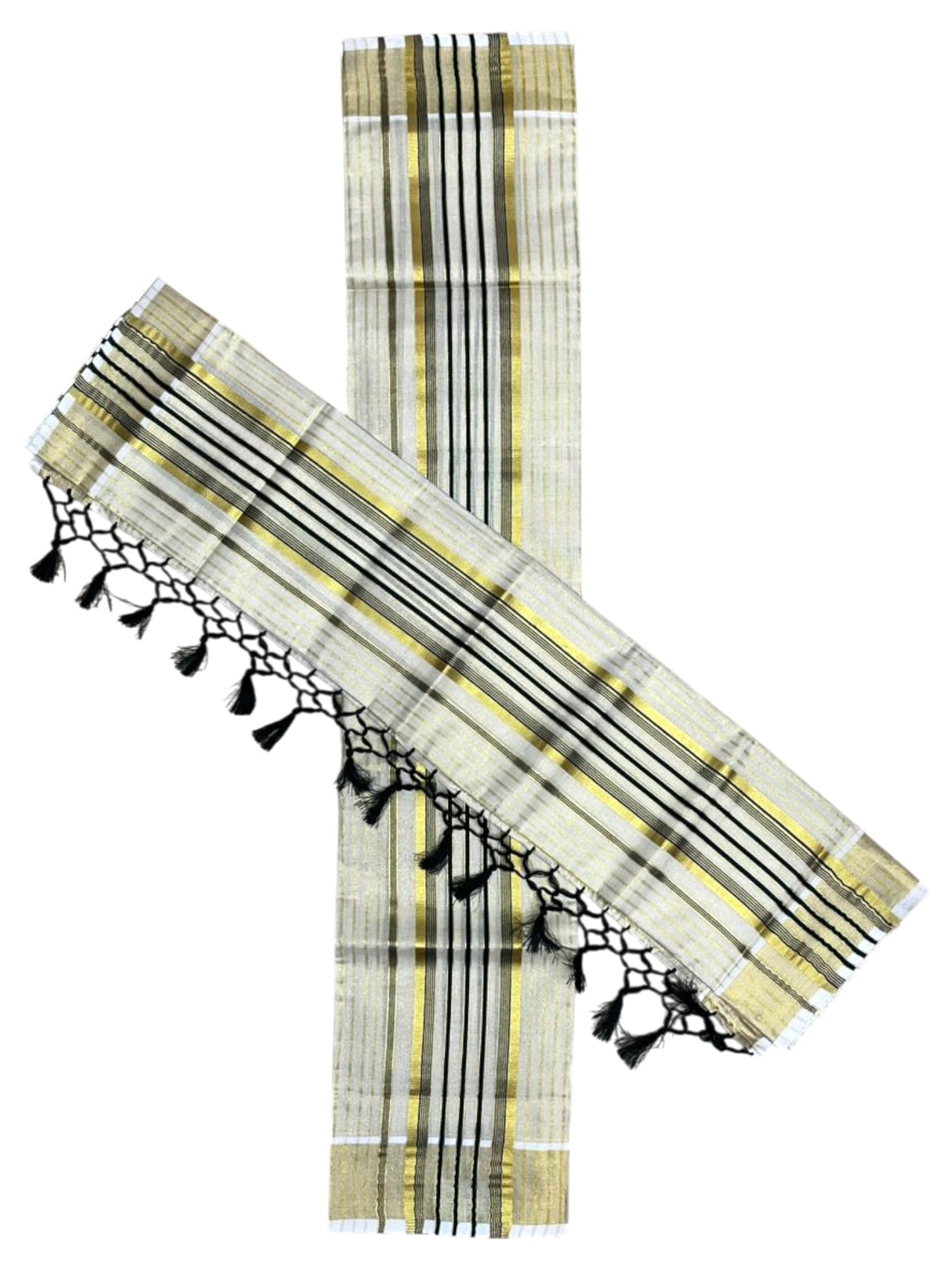 Southloom Tissue Set Mundu with Gold Kasavu and Stripes on Body in Dark Green 2.80 Mtrs SL493