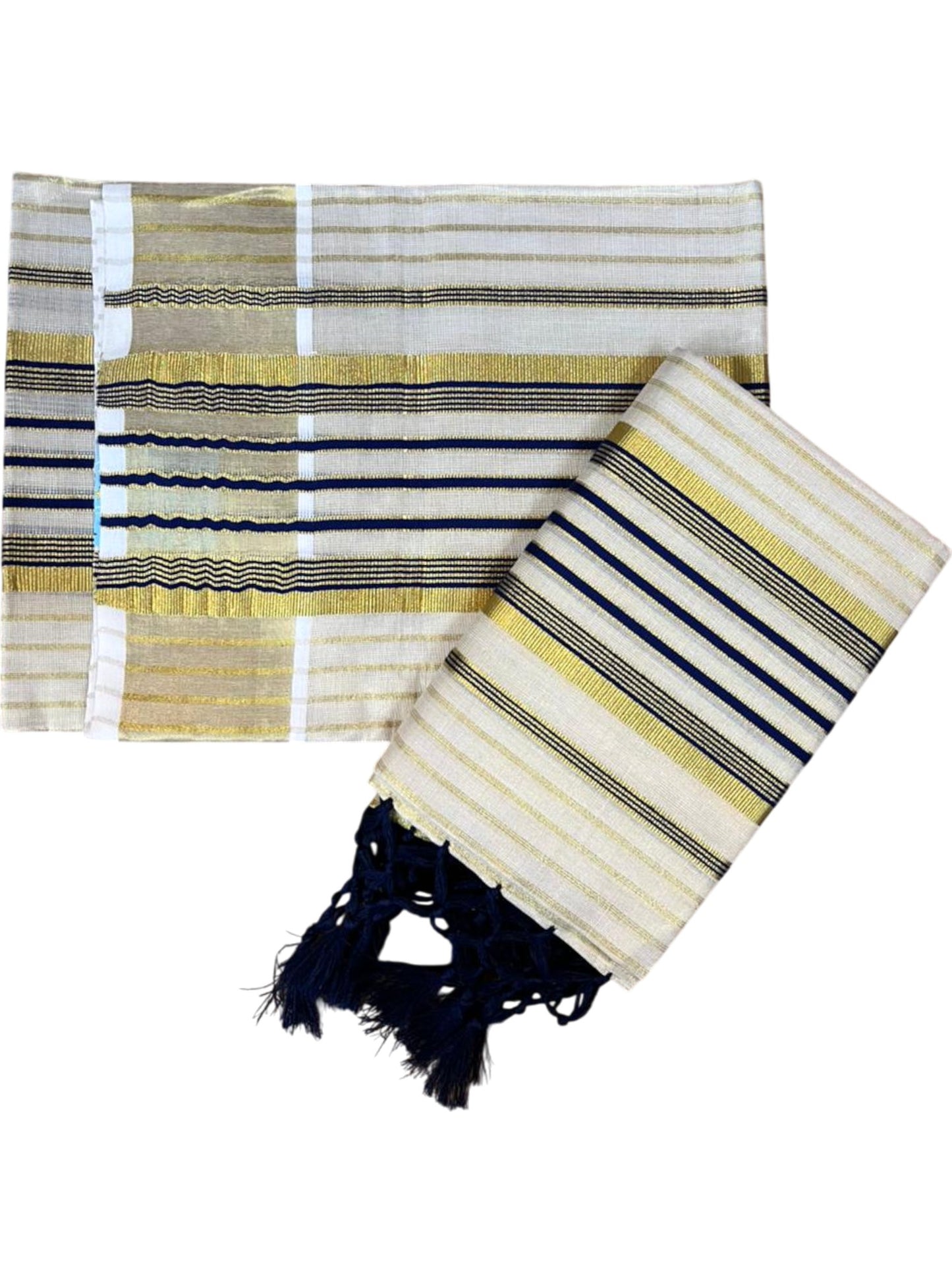 Southloom Tissue Set Mundu with Gold Kasavu and Stripes on Body in Dark Blue 2.80 Mtrs SL493