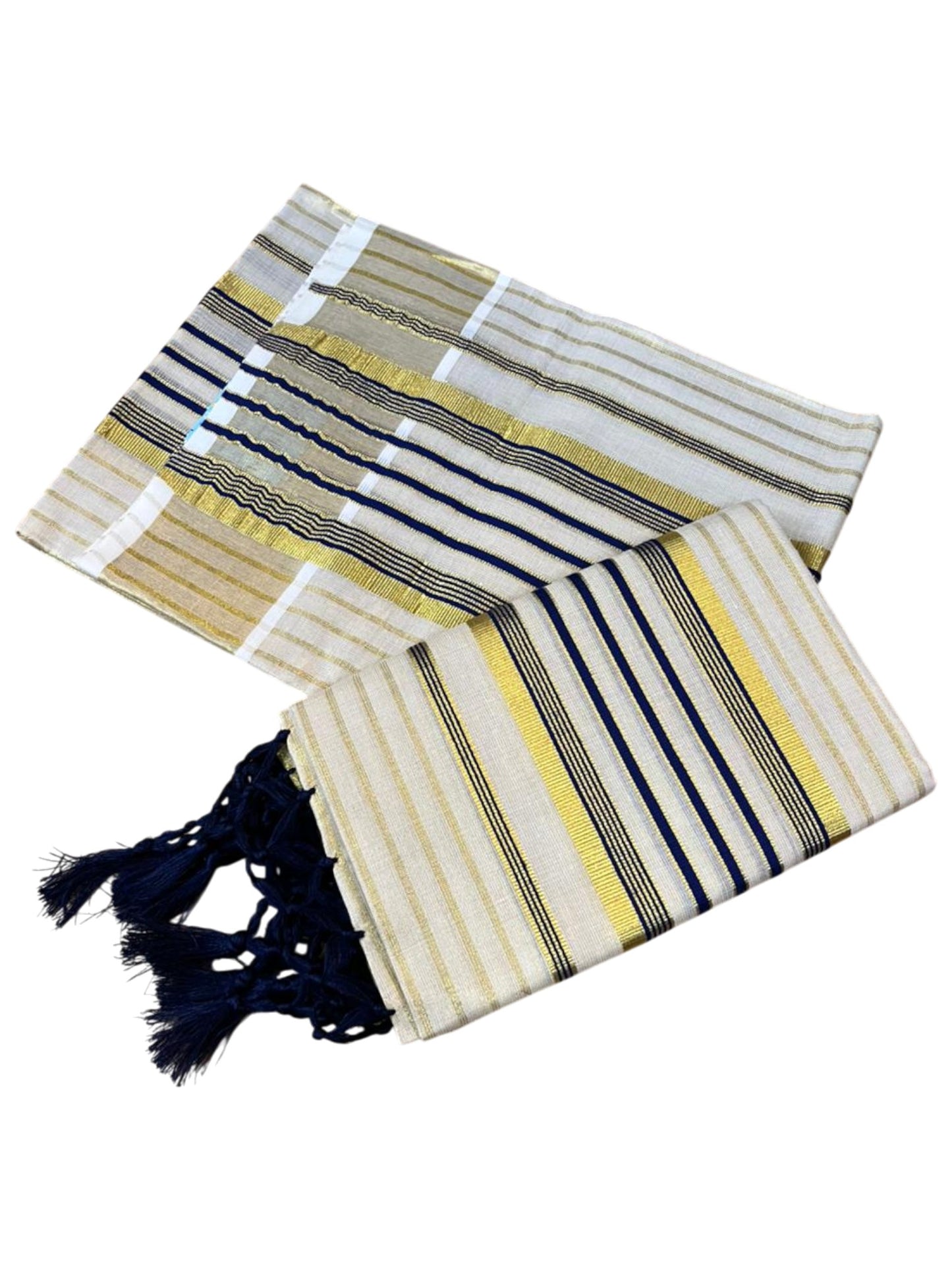 Southloom Tissue Set Mundu with Gold Kasavu and Stripes on Body in Dark Blue 2.80 Mtrs SL493
