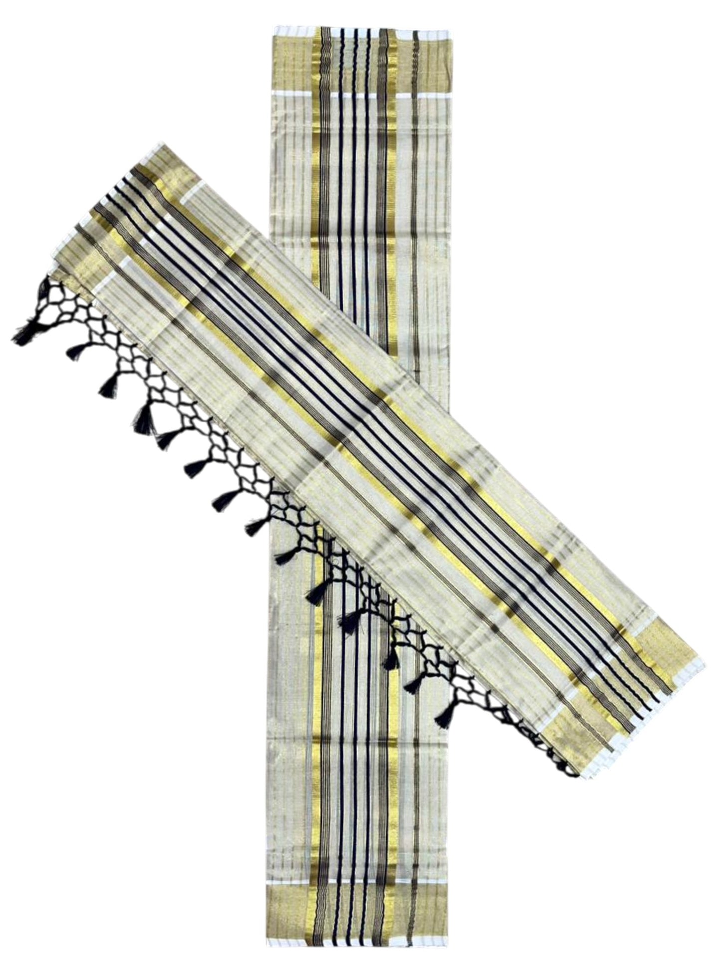 Southloom Tissue Set Mundu with Gold Kasavu and Stripes on Body in Dark Blue 2.80 Mtrs SL493