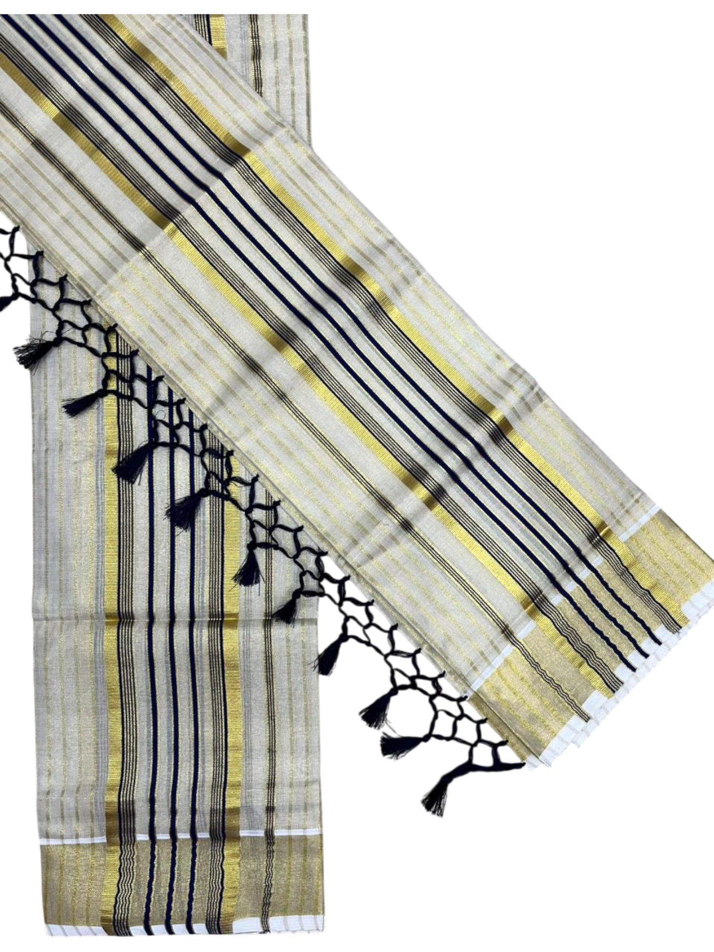 Southloom Tissue Set Mundu with Gold Kasavu and Stripes on Body in Dark Blue 2.80 Mtrs SL493