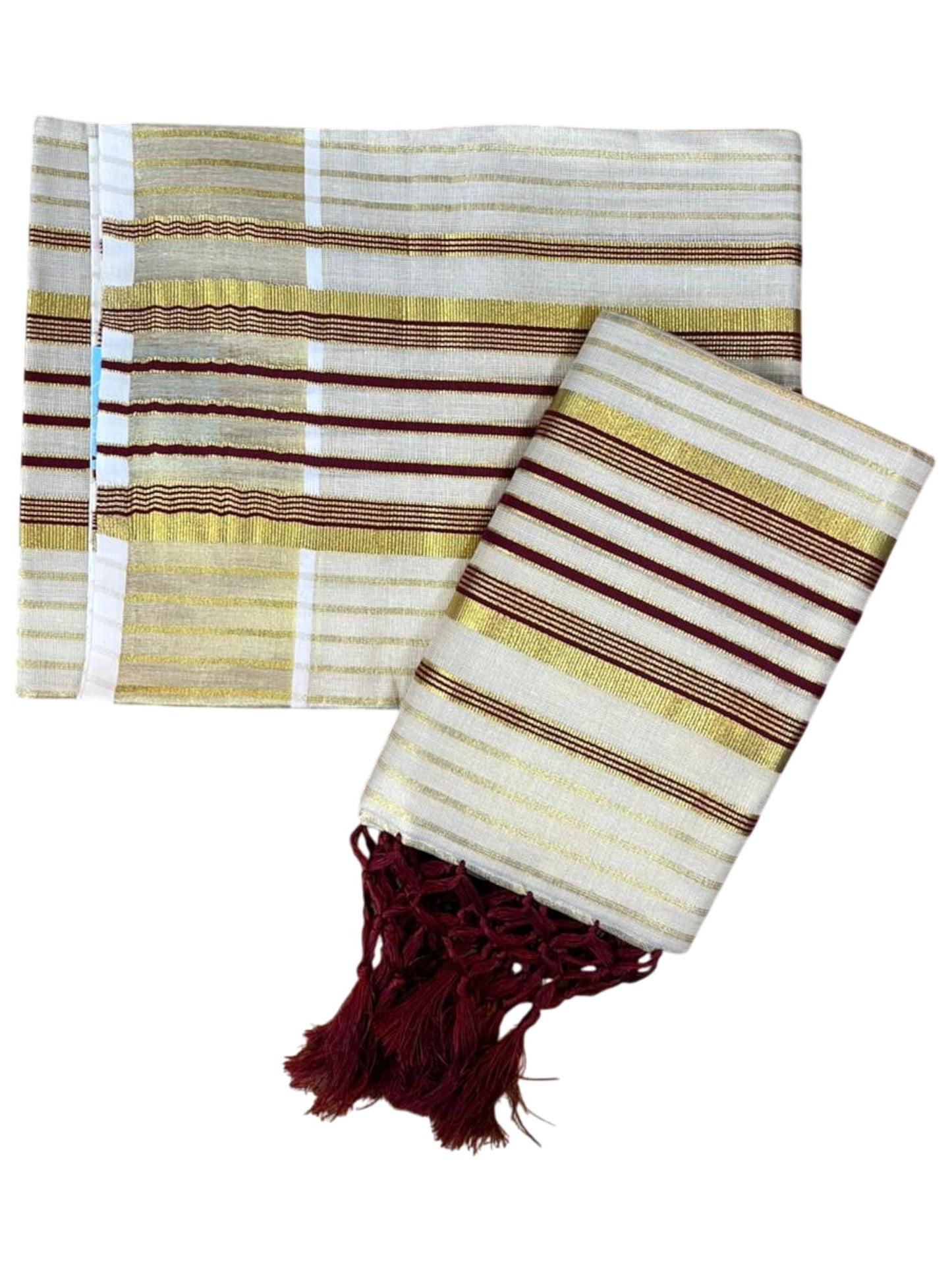 Southloom Tissue Set Mundu with Gold Kasavu and Stripes on Body in Maroon 2.80 Mtrs SL493