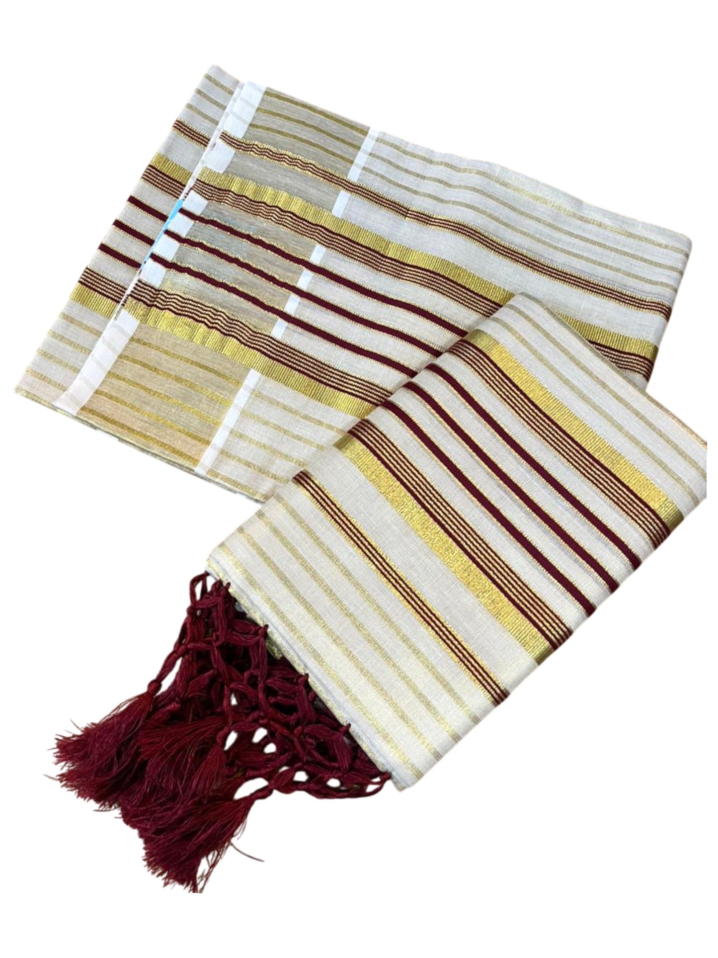 Southloom Tissue Set Mundu with Gold Kasavu and Stripes on Body in Maroon 2.80 Mtrs SL493