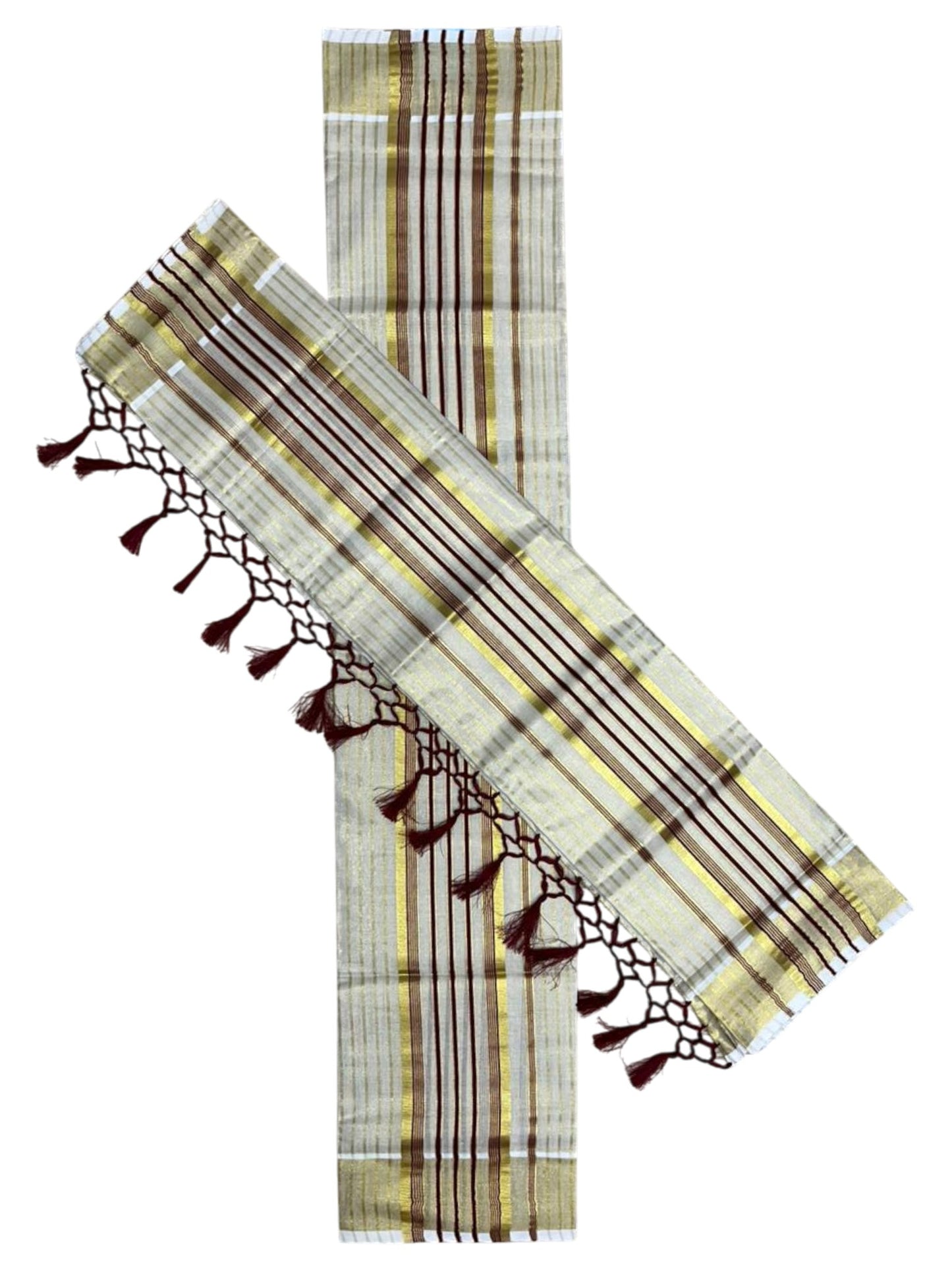 Southloom Tissue Set Mundu with Gold Kasavu and Stripes on Body in Maroon 2.80 Mtrs SL493