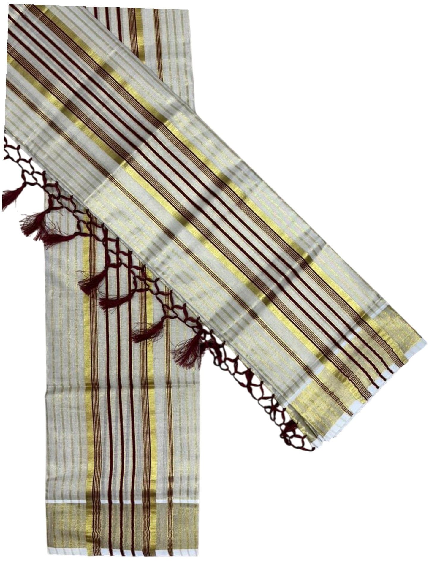 Southloom Tissue Set Mundu with Gold Kasavu and Stripes on Body in Maroon 2.80 Mtrs SL493