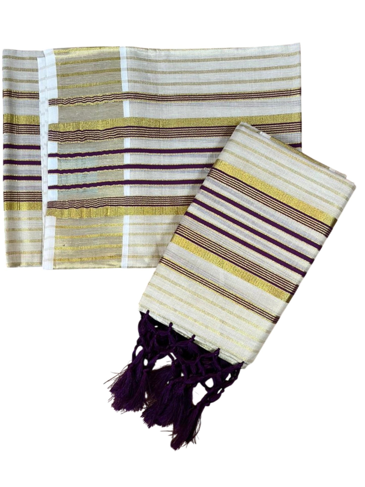 Southloom Tissue Set Mundu with Gold Kasavu and Stripes on Body in Purple 2.80 Mtrs SL493