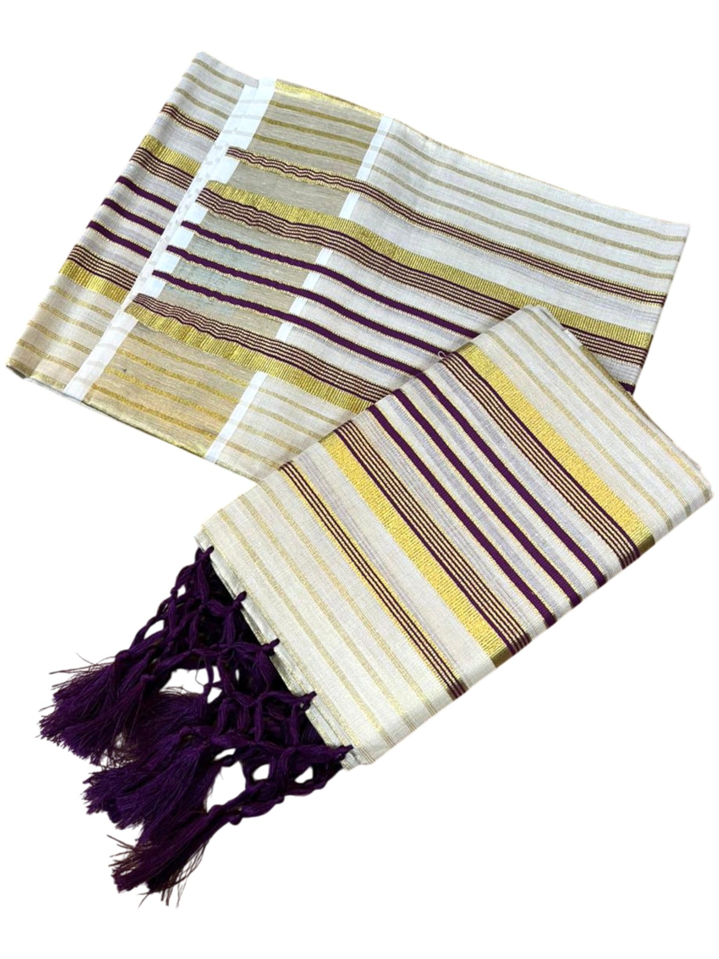 Southloom Tissue Set Mundu with Gold Kasavu and Stripes on Body in Purple 2.80 Mtrs SL493