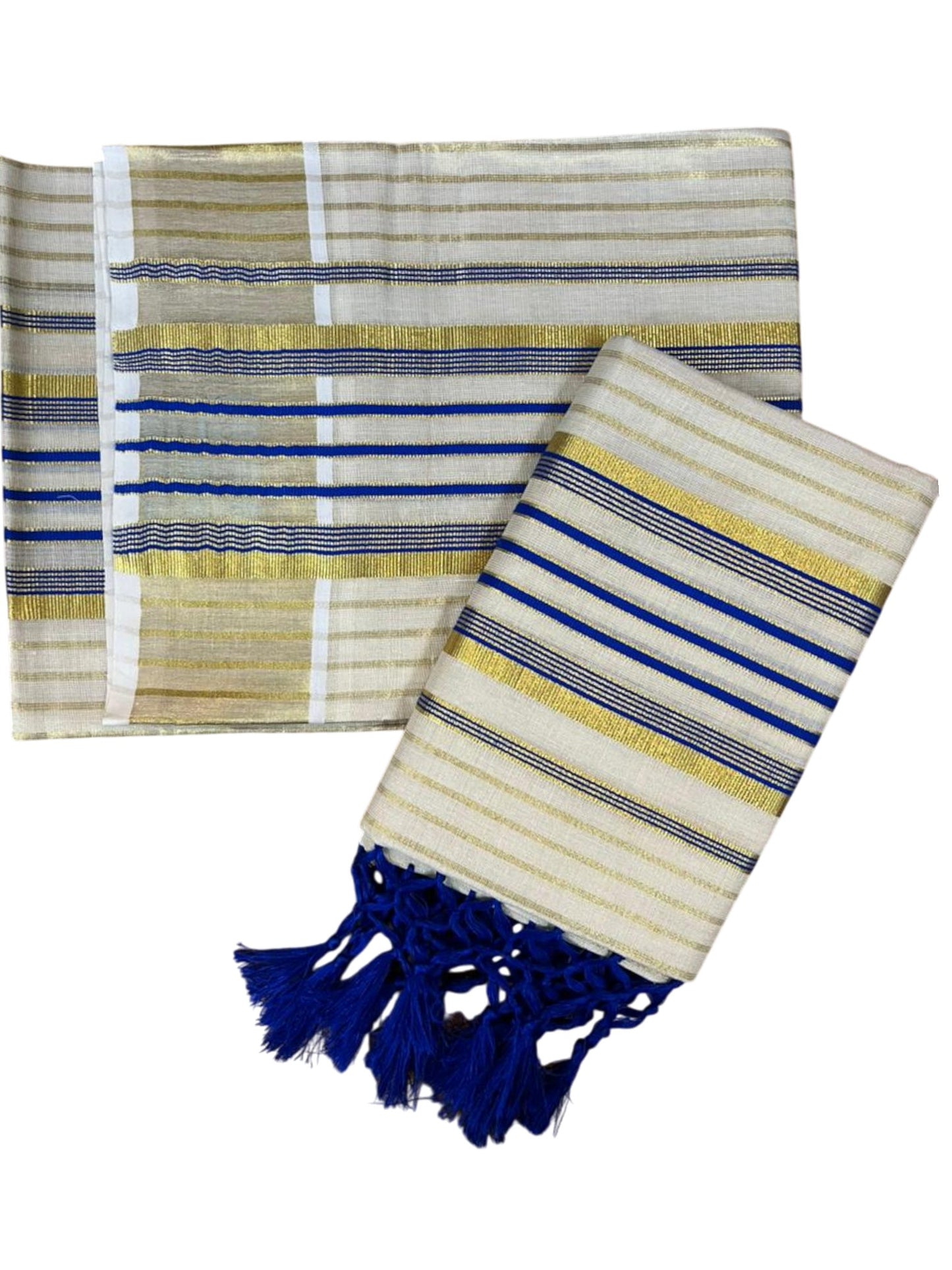 Southloom Tissue Set Mundu with Gold Kasavu and Stripes on Body in Blue 2.80 Mtrs SL493