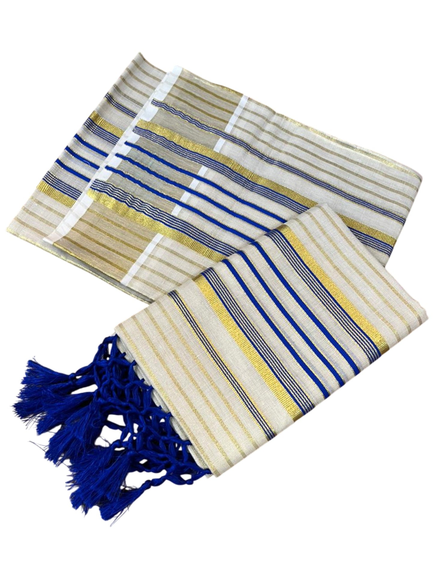 Southloom Tissue Set Mundu with Gold Kasavu and Stripes on Body in Blue 2.80 Mtrs SL493