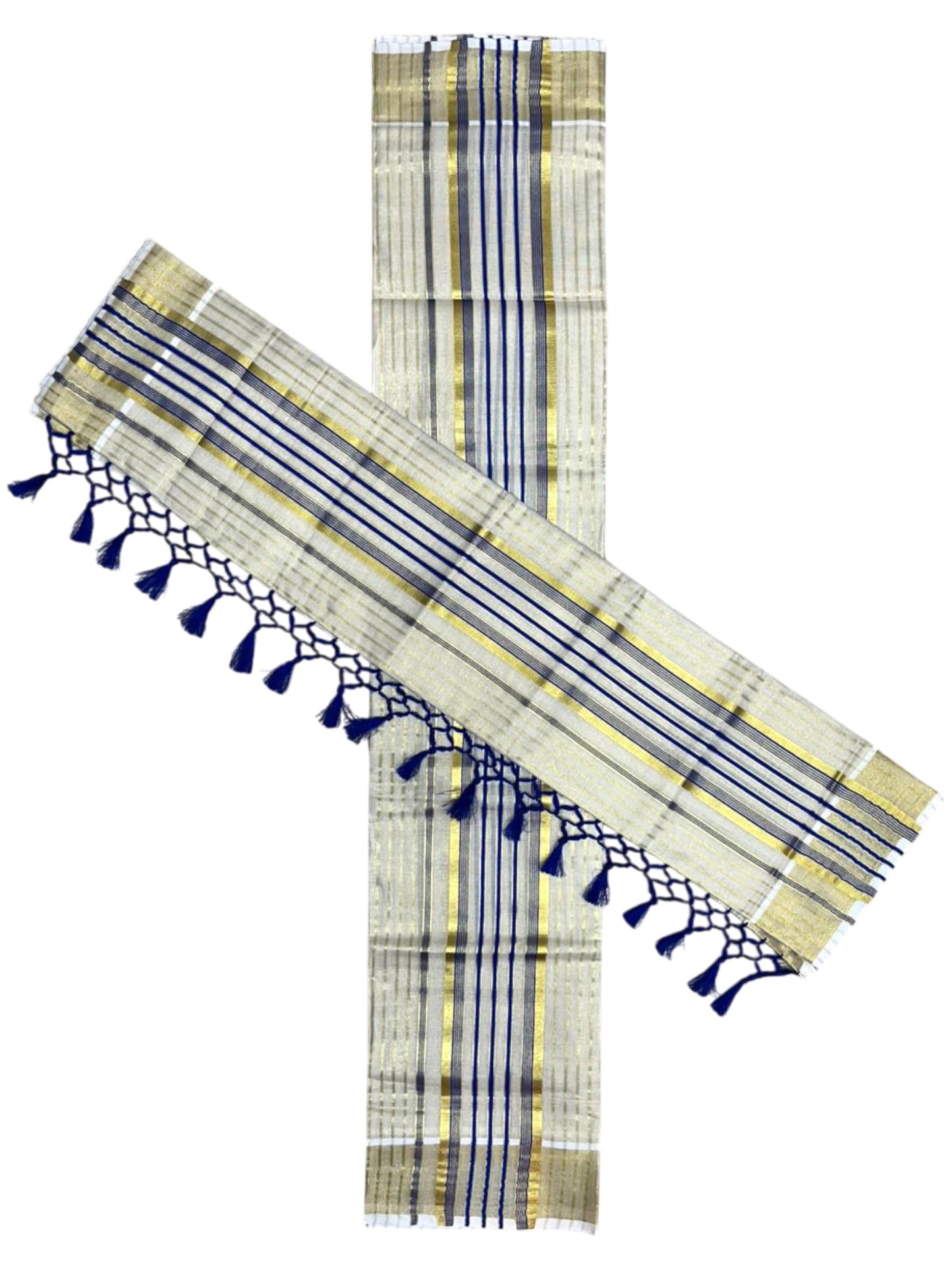 Southloom Tissue Set Mundu with Gold Kasavu and Stripes on Body in Blue 2.80 Mtrs SL493