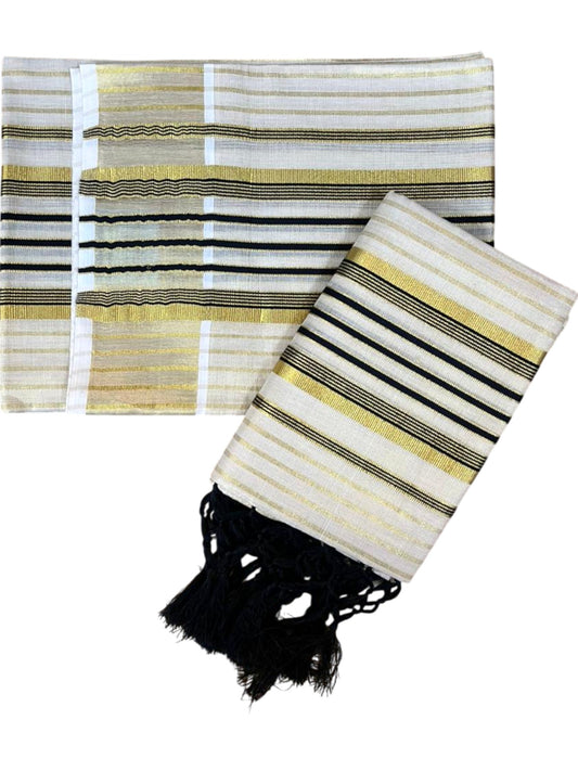 Southloom Tissue Set Mundu with Gold Kasavu and Stripes on Body in Black 2.80 Mtrs SL493