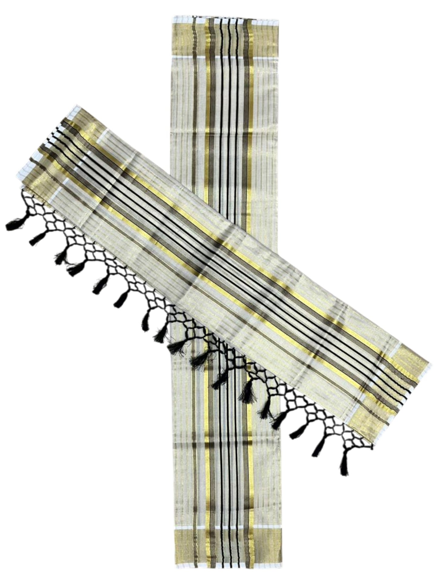 Southloom Tissue Set Mundu with Gold Kasavu and Stripes on Body in Black 2.80 Mtrs SL493