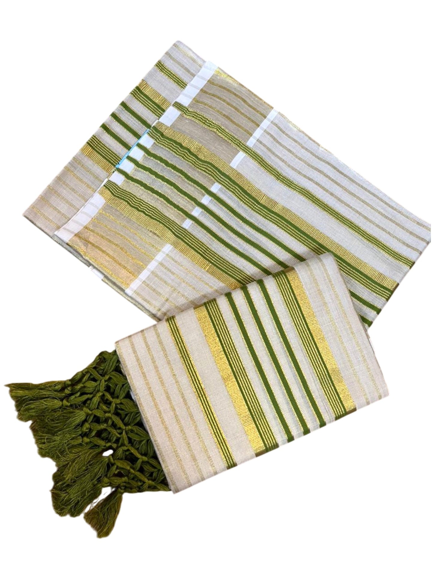 Southloom Tissue Set Mundu with Gold Kasavu and Stripes on Body in Olive Green 2.80 Mtrs SL493