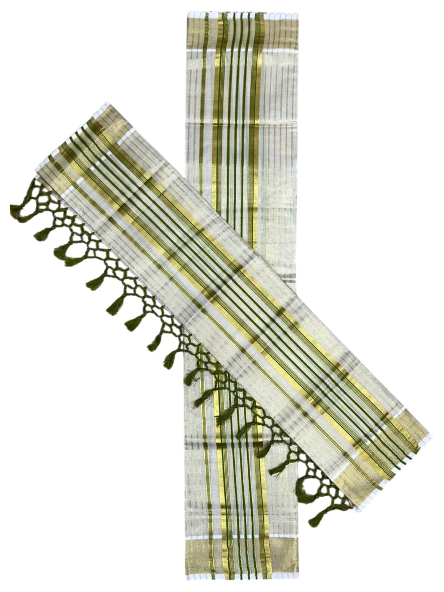 Southloom Tissue Set Mundu with Gold Kasavu and Stripes on Body in Olive Green 2.80 Mtrs SL493